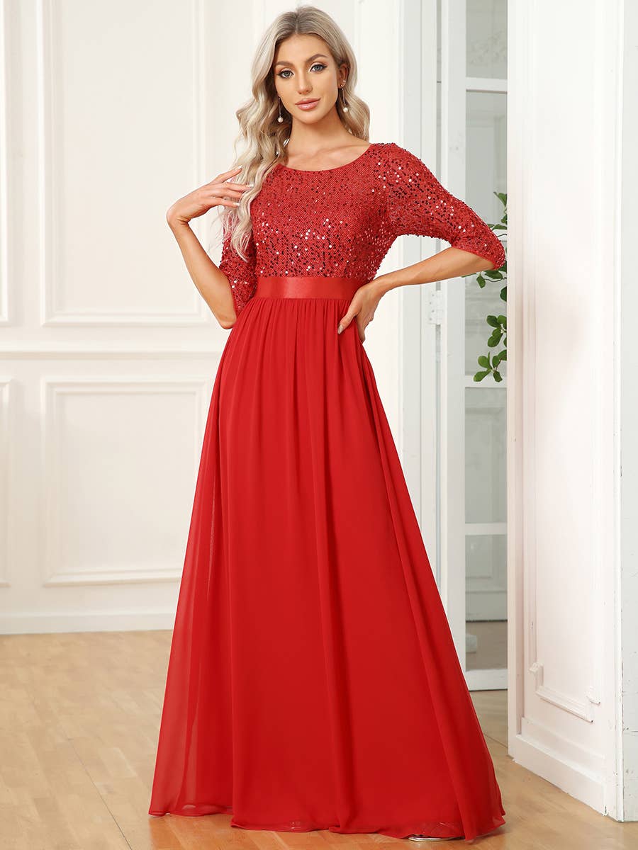 Elegant Round Neckline Sequins Patchwork Dress: 18 / Burgundy