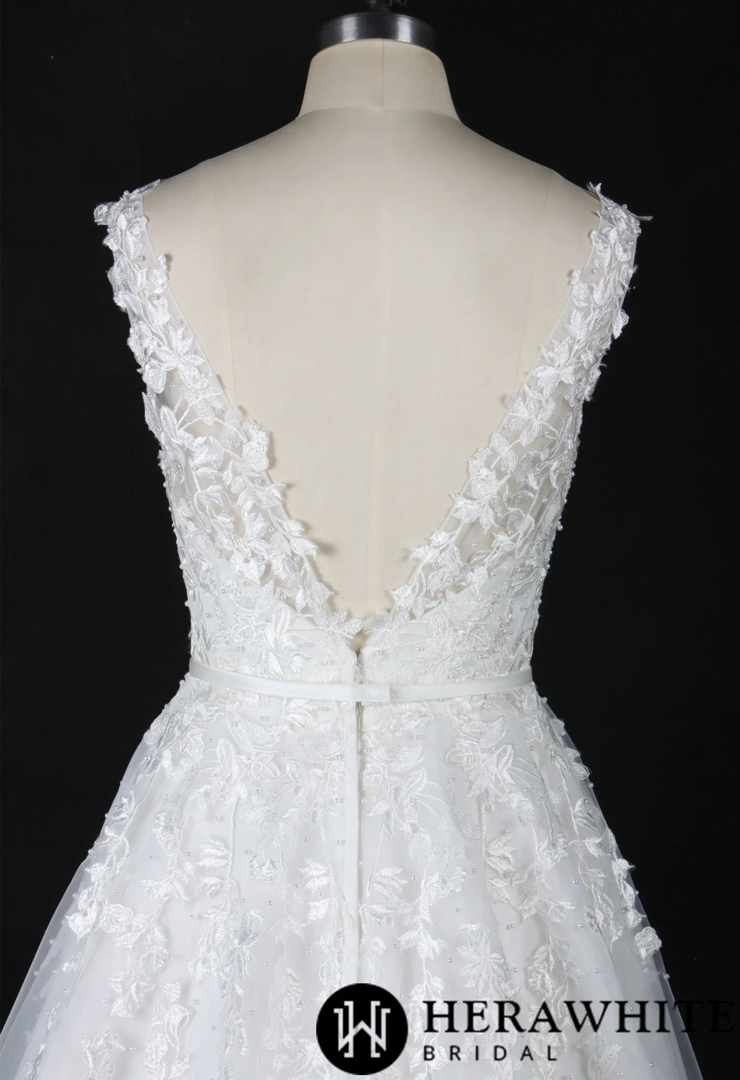 Plunging V-Neck Beaded Lace Wedding Dress