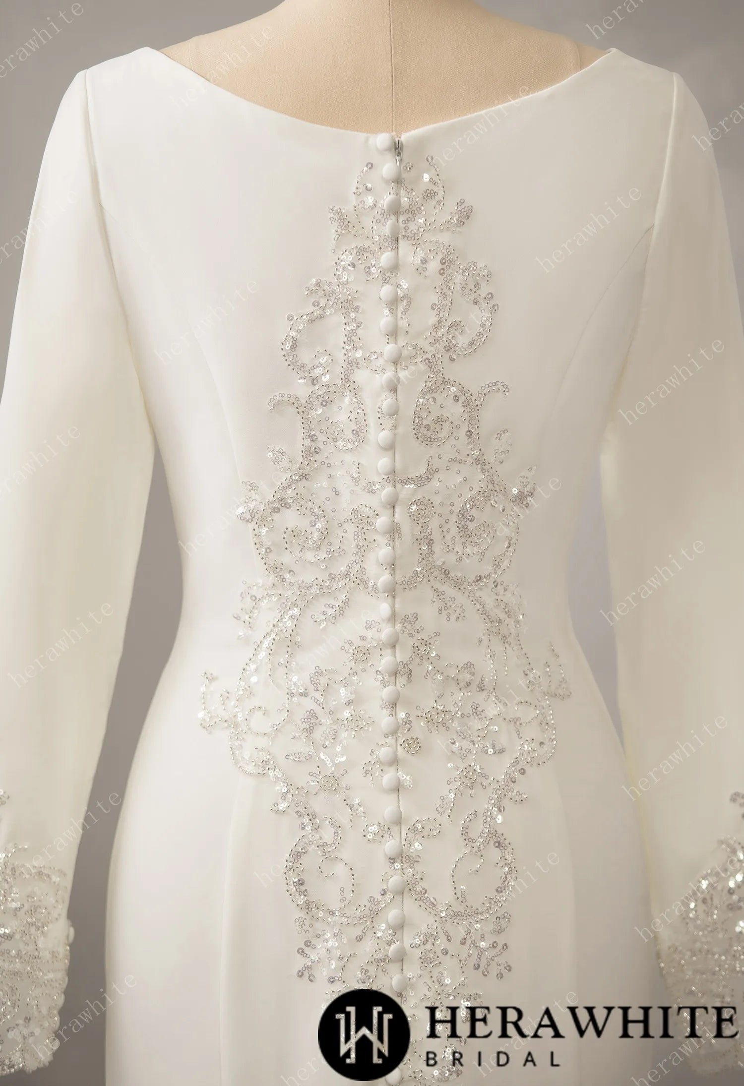 Long Sleeve Crepe Bateau Wedding Dress with Beaded Back