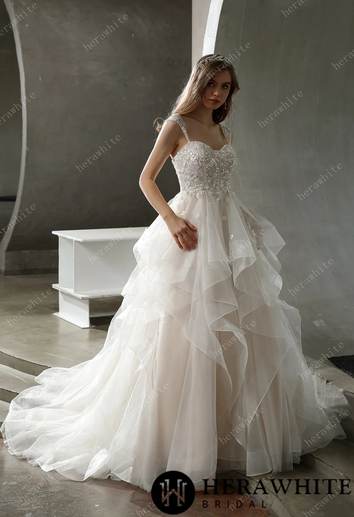 Beaded Tulle Ruffled Ball Gown with Dreamy Details