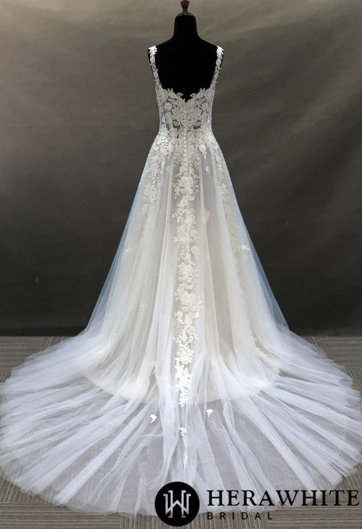 Illusion Beaded Tulle Bridal Gown With Floral Lace