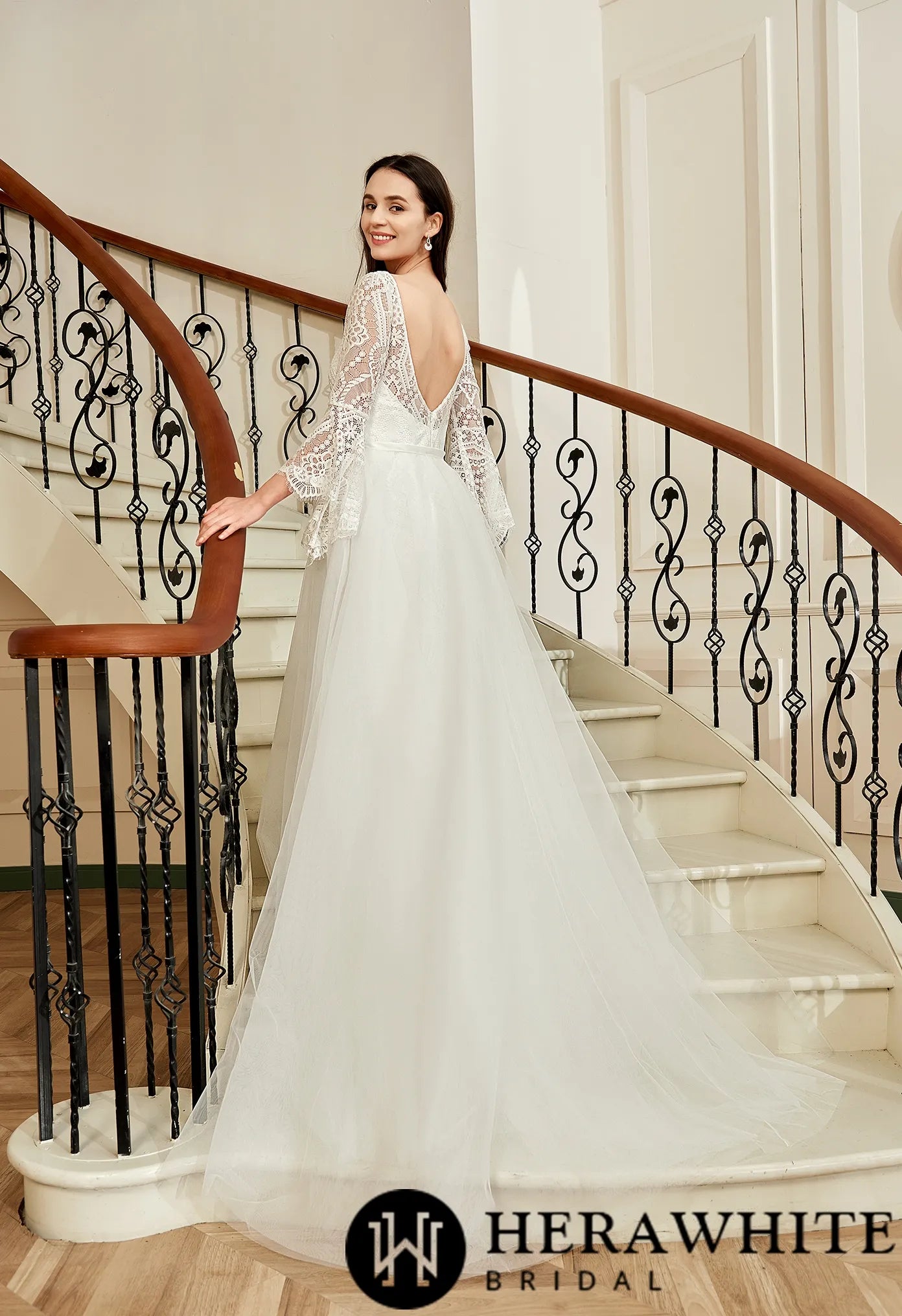 Illusion Neckline Lace Wedding Dress With Removeable Overskirt