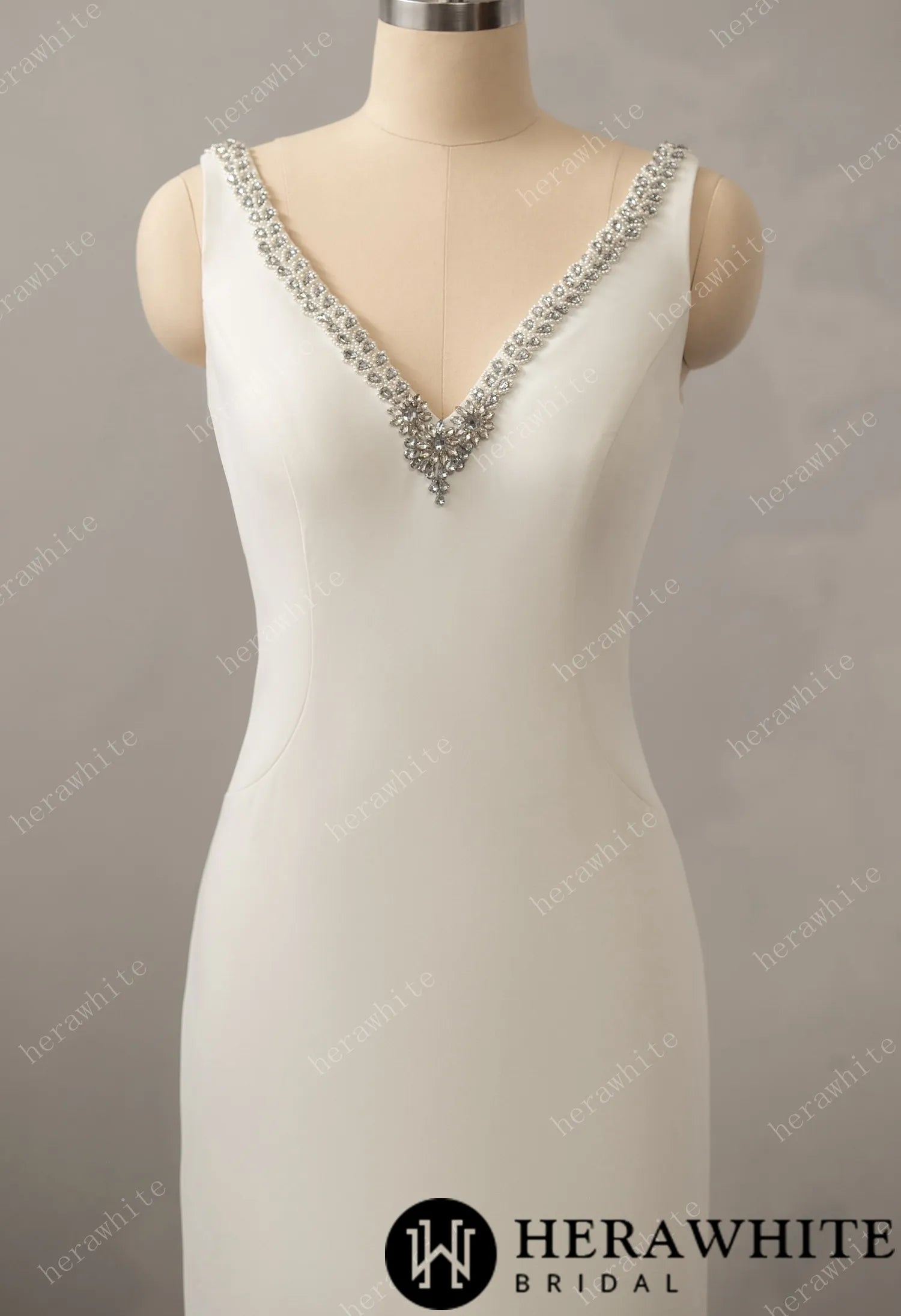 Crepe Beaded V-neck Wedding Dress with Open Back Detail