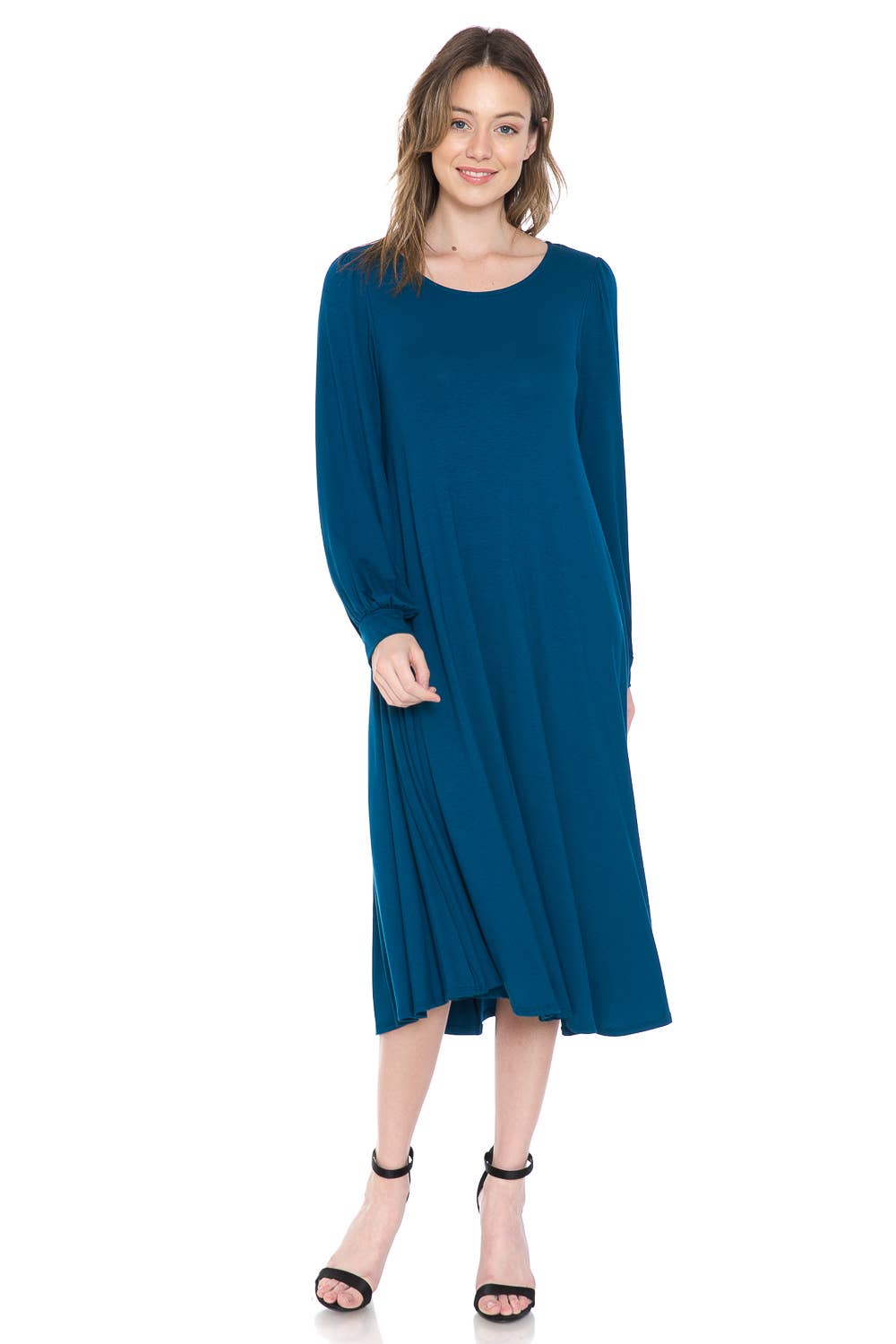 Bishop Sleeve Midi Dress: EGGPLANT / L