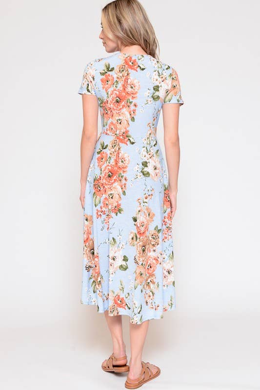 X201500D-Plus Size Floral Wrap Dress: 1X / Blue/Coral