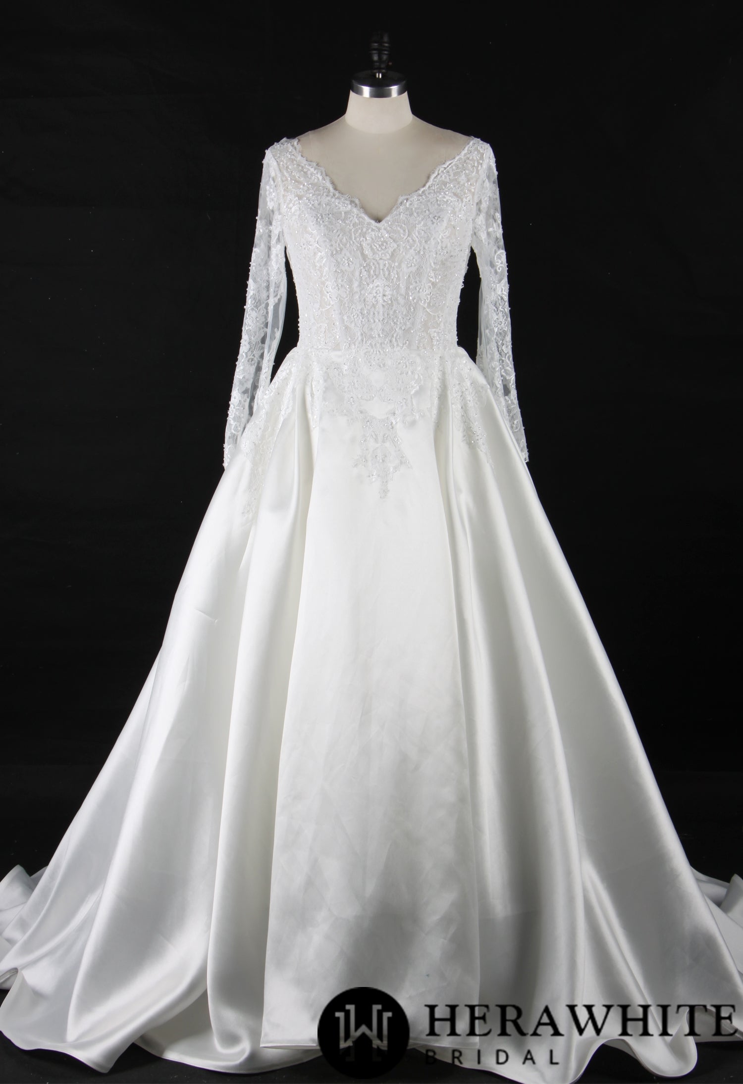 Elegant Long Sleeves Satin Wedding Gown With Lace Keyhole Back