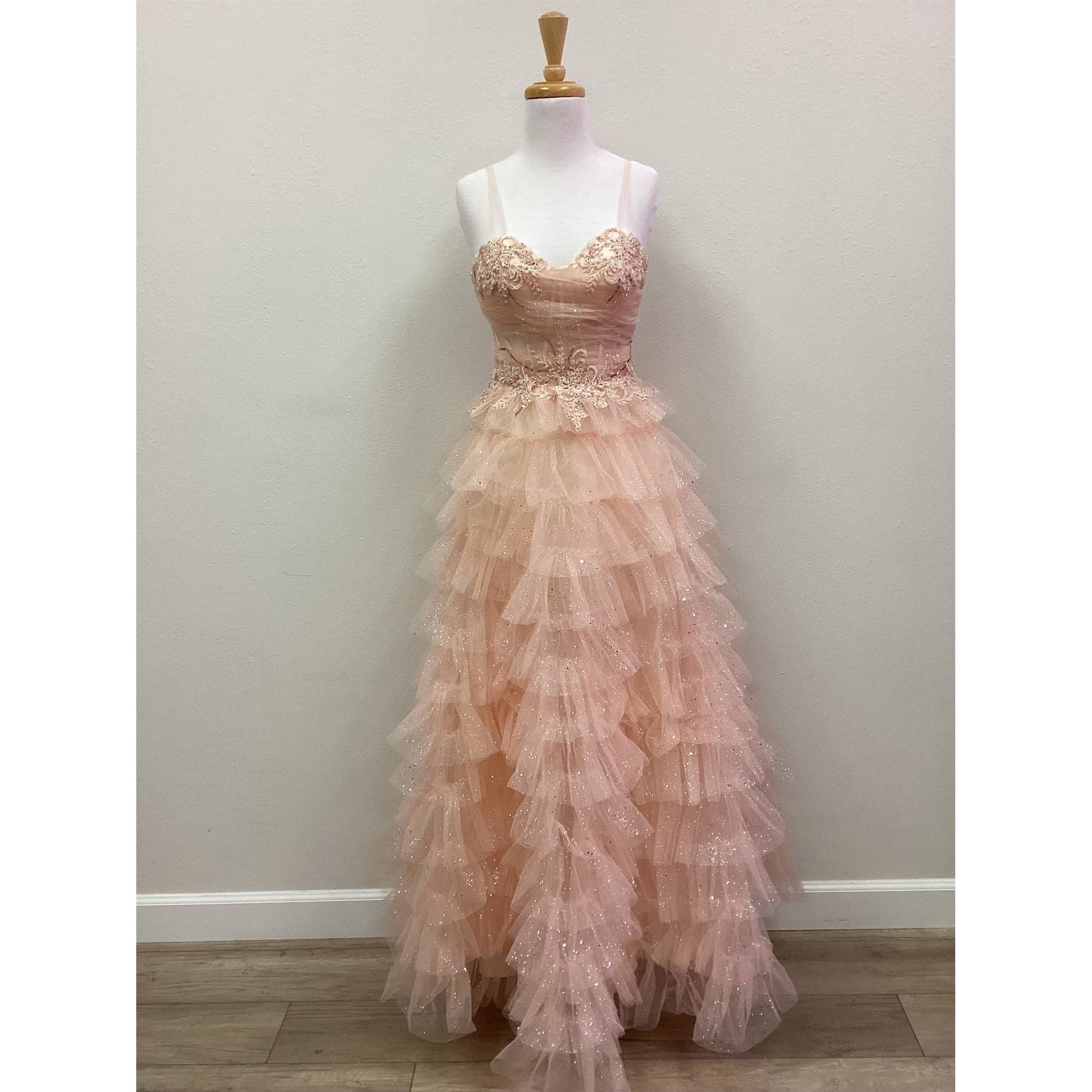 SPARKLE RUFFLE TULLE GOWN WITH SWEATHEART NECKLINE AND SHEER