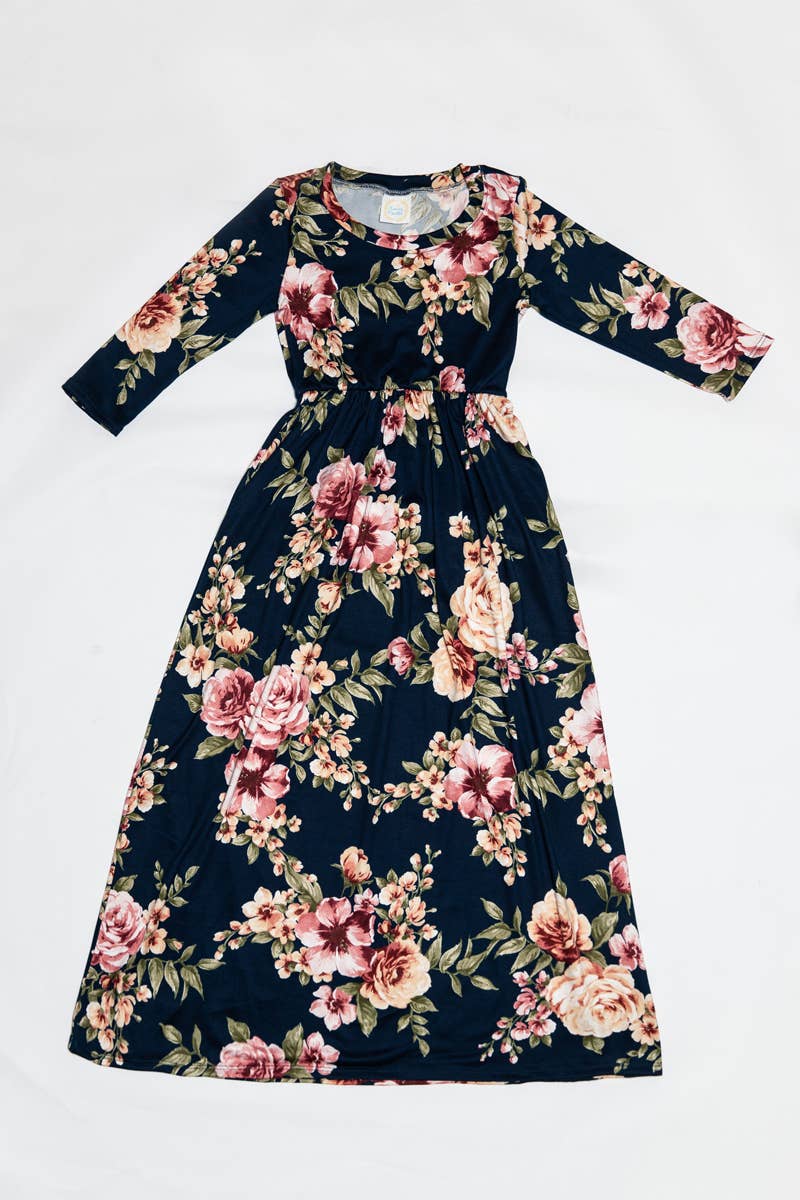 Girls Fit and Flare Floral Maxi Dress: FLORAL ORANGE / L