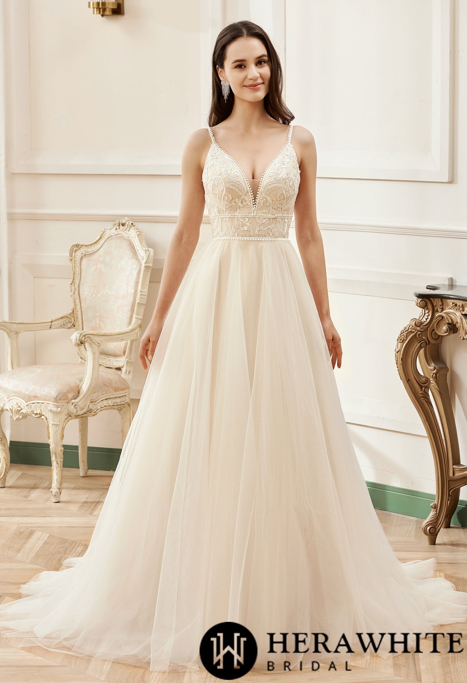 Champagne Romantic Spaghetti Straps A-Line Wedding Dress