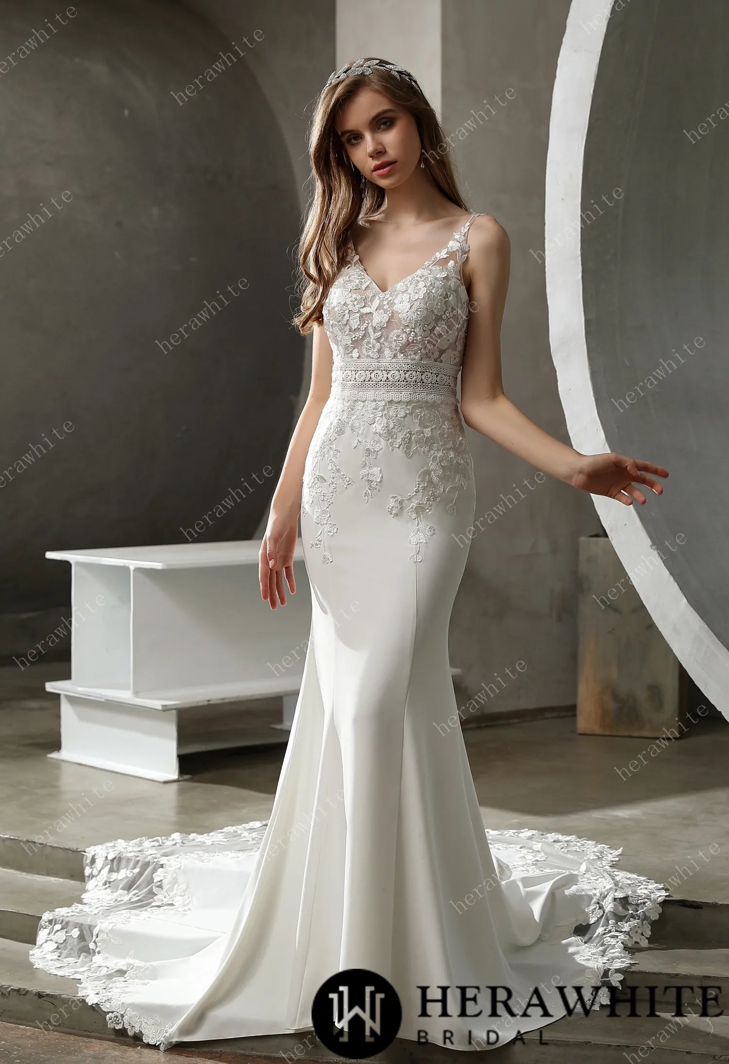 Crepe and Lace Fit and Flare Dress with Illusion Scalloped Train