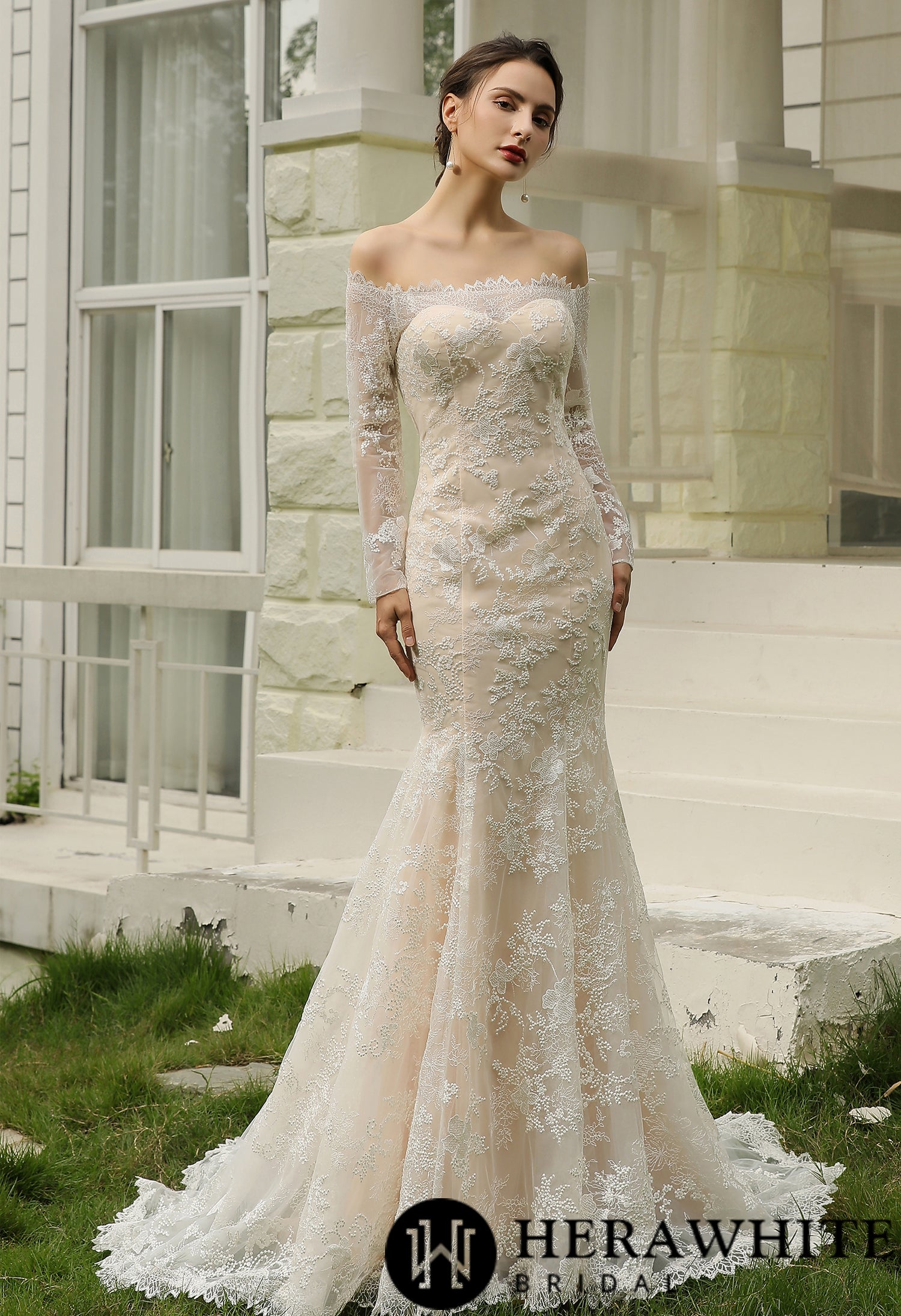 Off-the-Shoulder Sheath Wedding Dress with Luxury Illusion lace