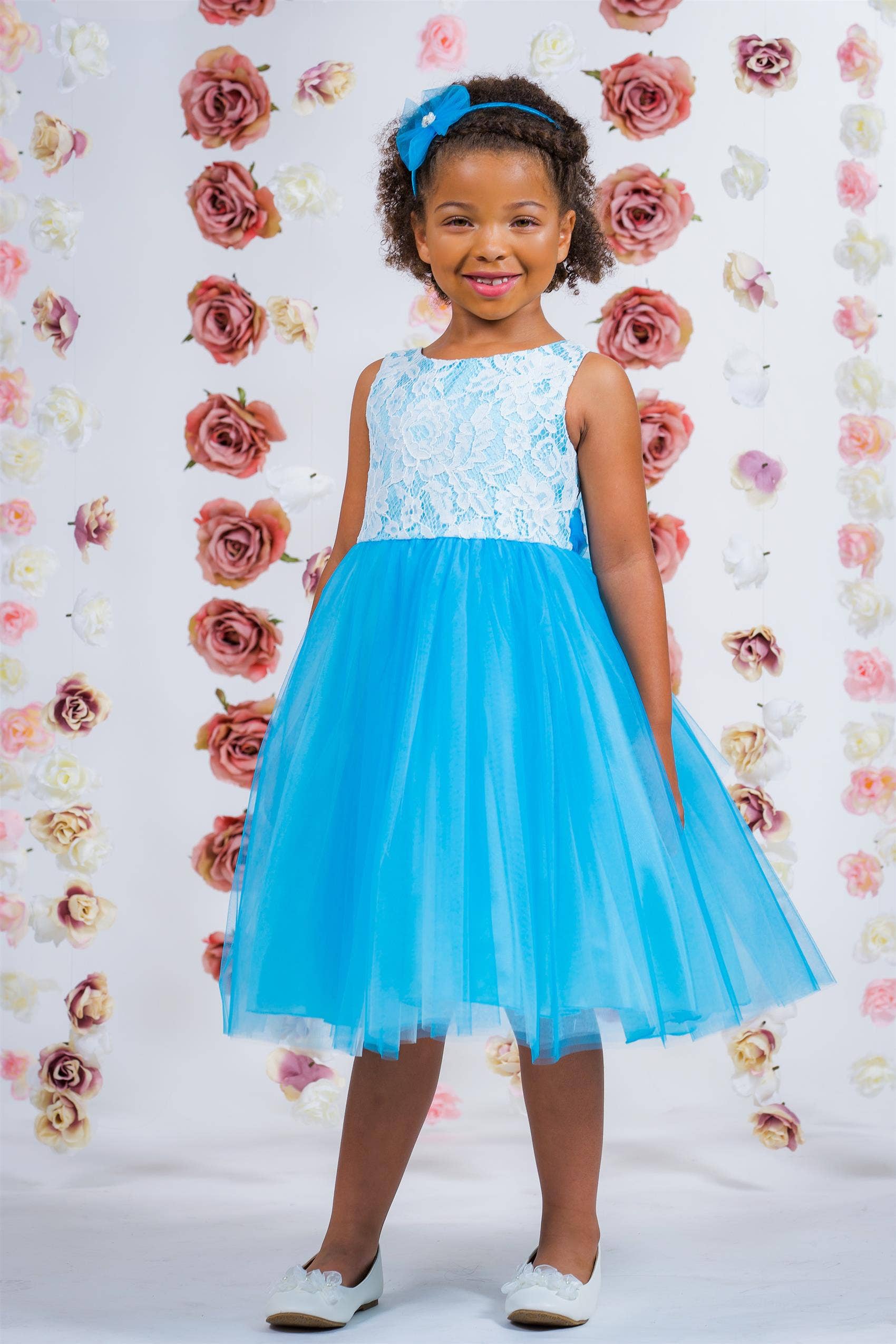 Lace Illusion Girls Dress With/Without 3 Mesh Flowers: No / Aqua / 4