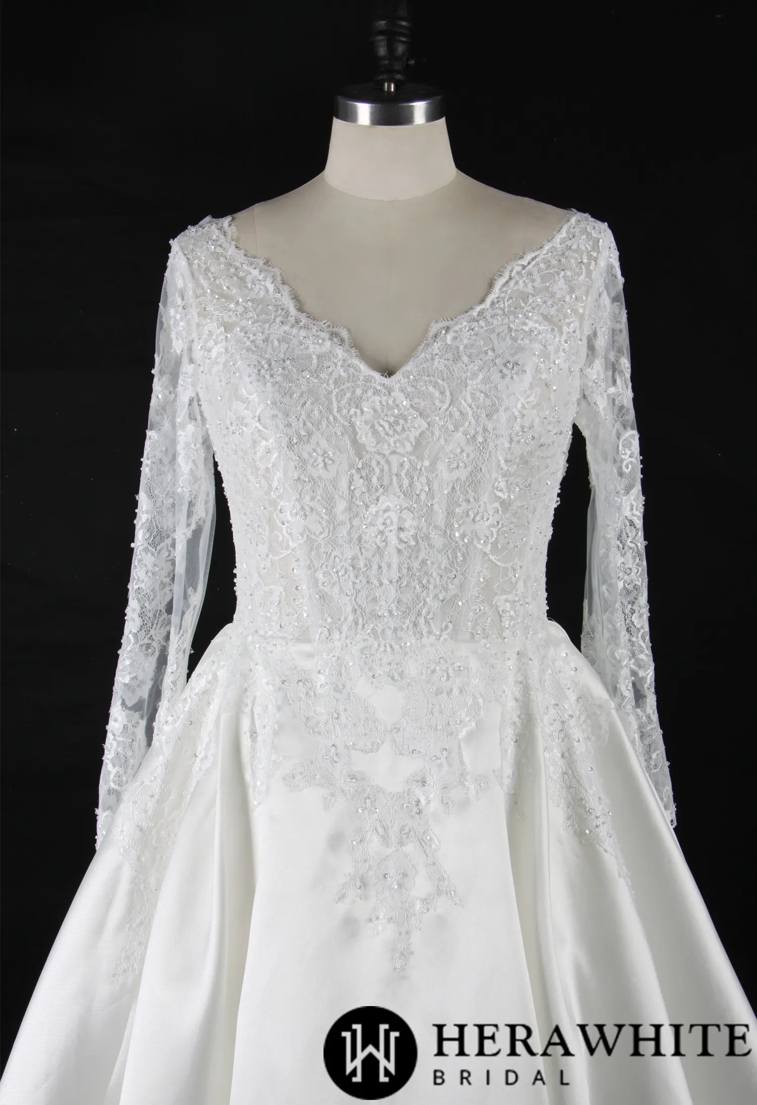 Elegant Long Sleeves Satin Wedding Gown With Lace Keyhole Back