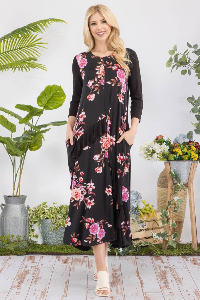 FLORAL CONTRAST MID-DRESS WITH RUFFLE DETAILS -CD43841C