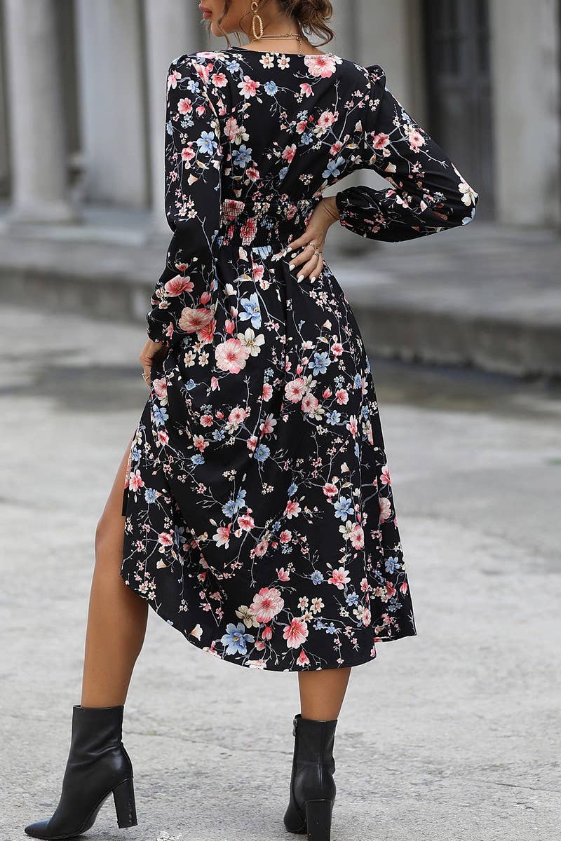 WOMEN V NECK FLORAL PRINT DRESS_CWDMD0934