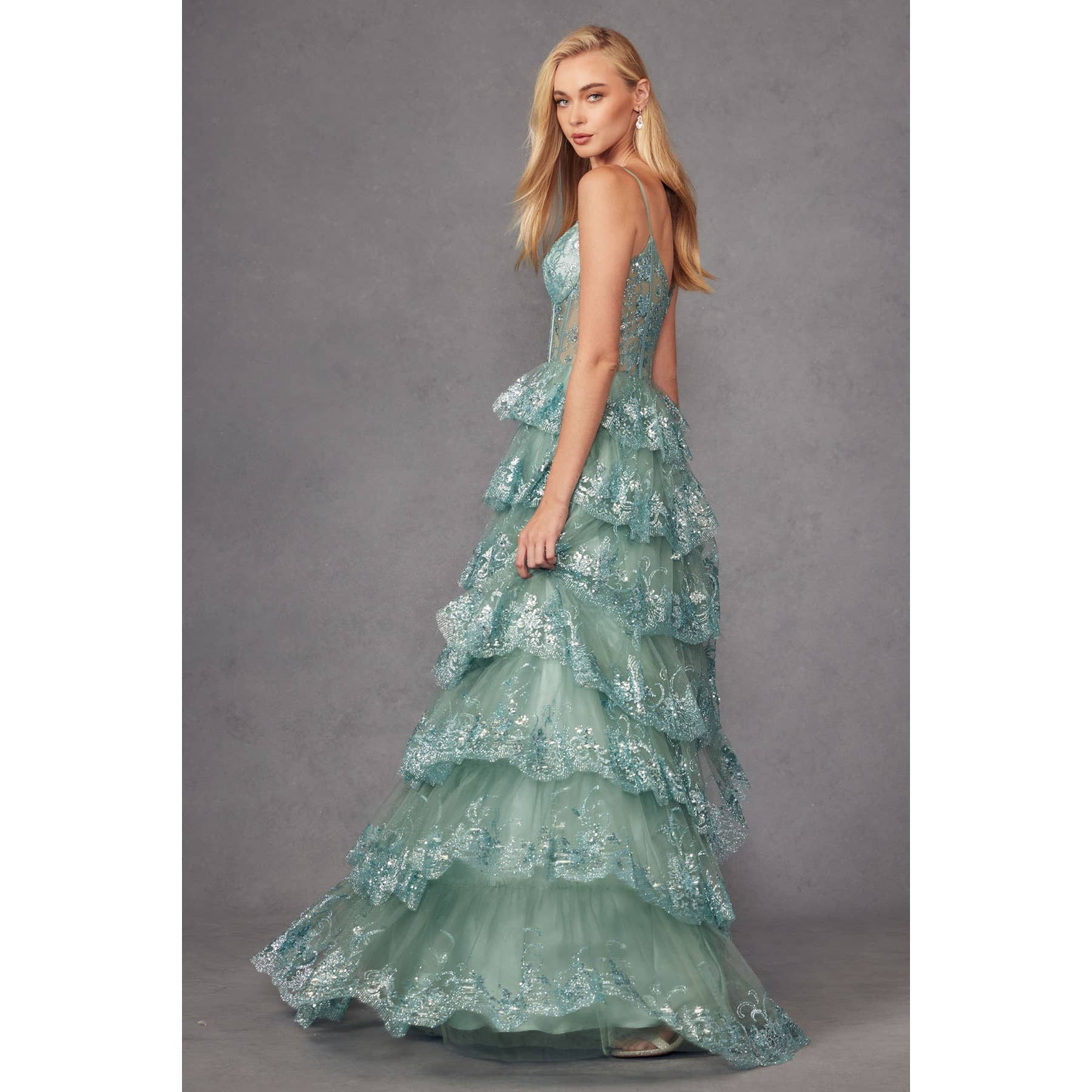 RUFFLE TULLE LACE SEQUIN BALL GOWN WITH SHEER CORSET BODICE