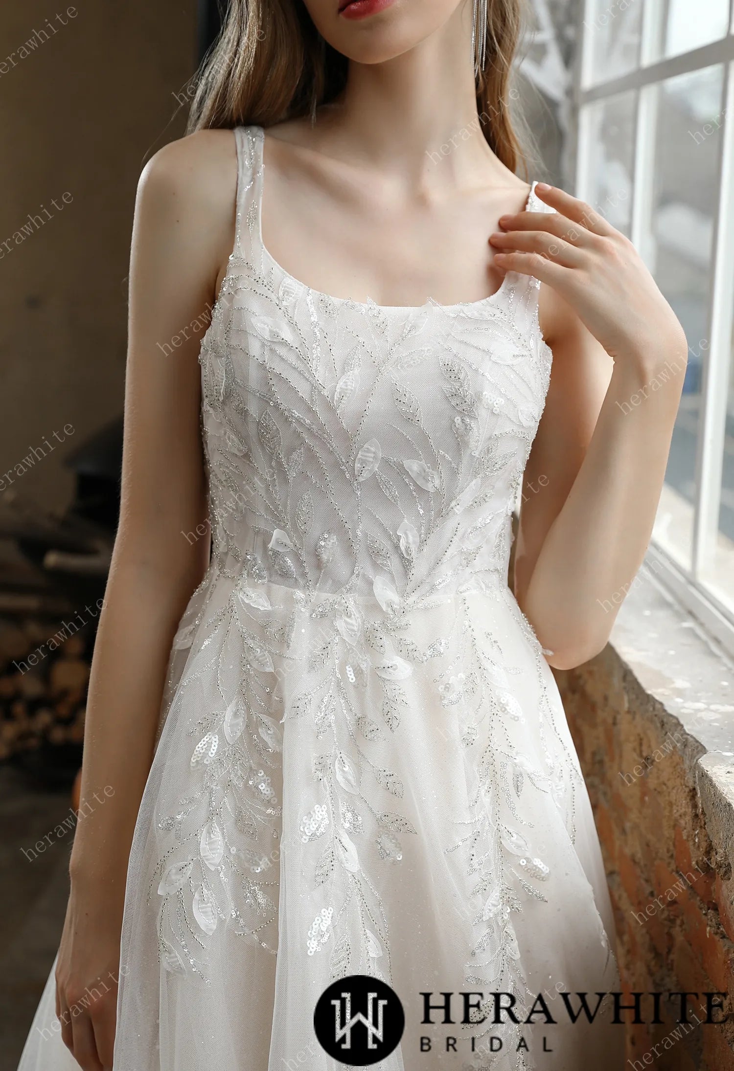 Square Neckline Wedding Dress with Delicate Leafy Lace