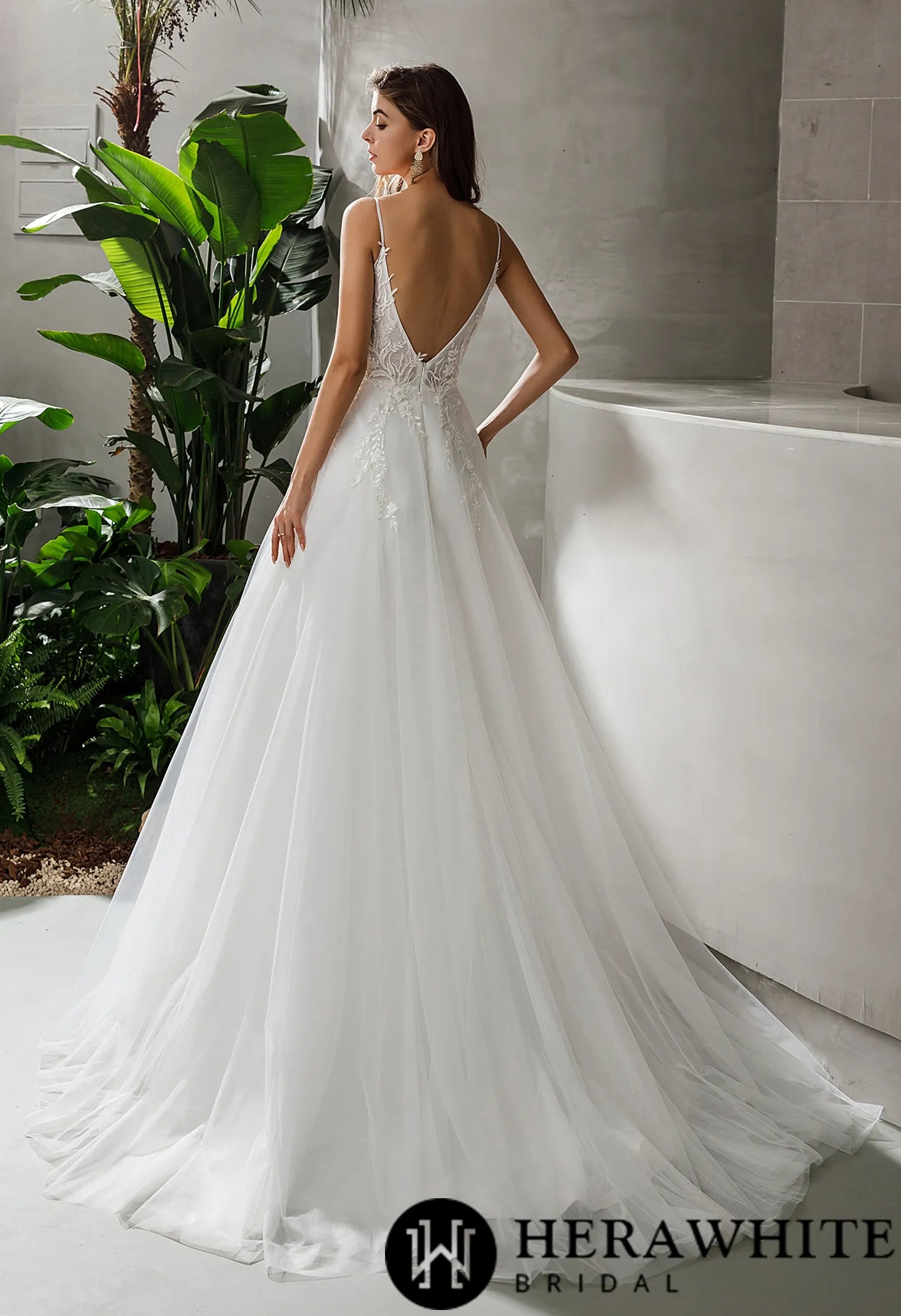 Beaded Straps V-neck Lace A-line Long Wedding Dress