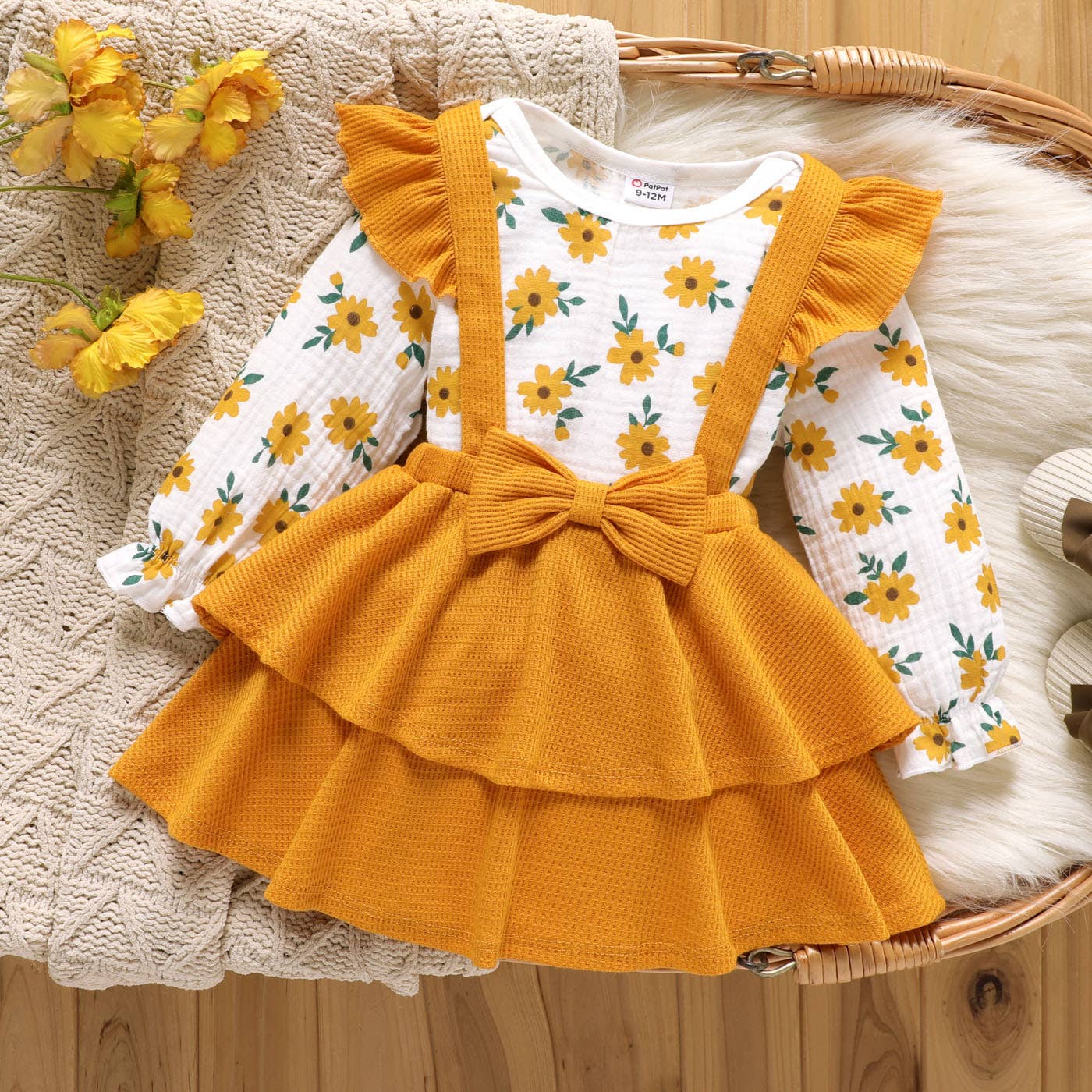 2PCS Baby Sweet Floral Plants Jumpsuit & Ruffle Dress Set