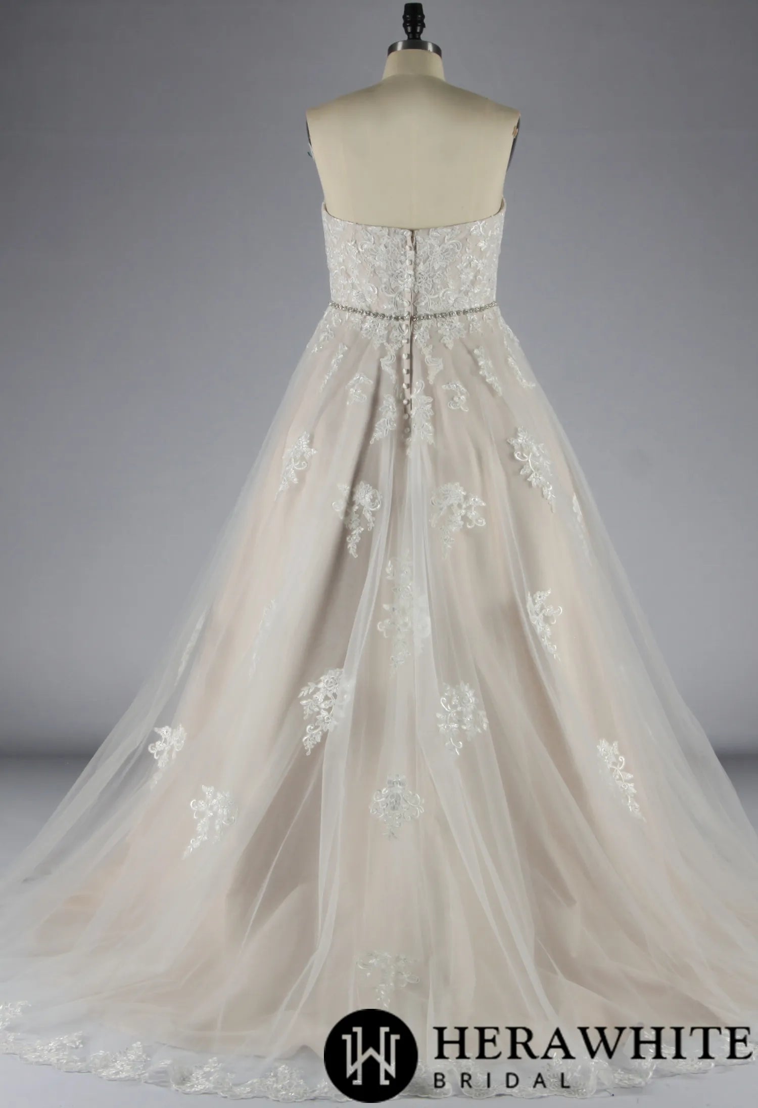Blush Strapless Ball Gown Wedding Dress With Lace Motifs