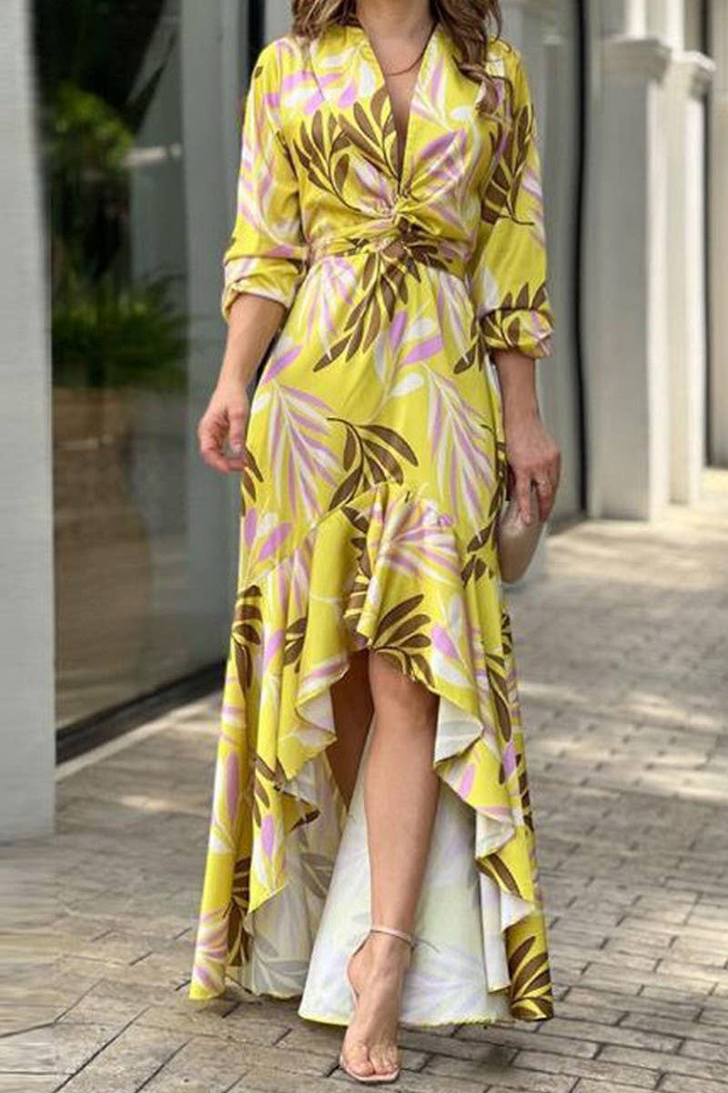 WOMEN LONG SLEEVE PRINTED LACE UP SLIT DRESS_CWDMD0889