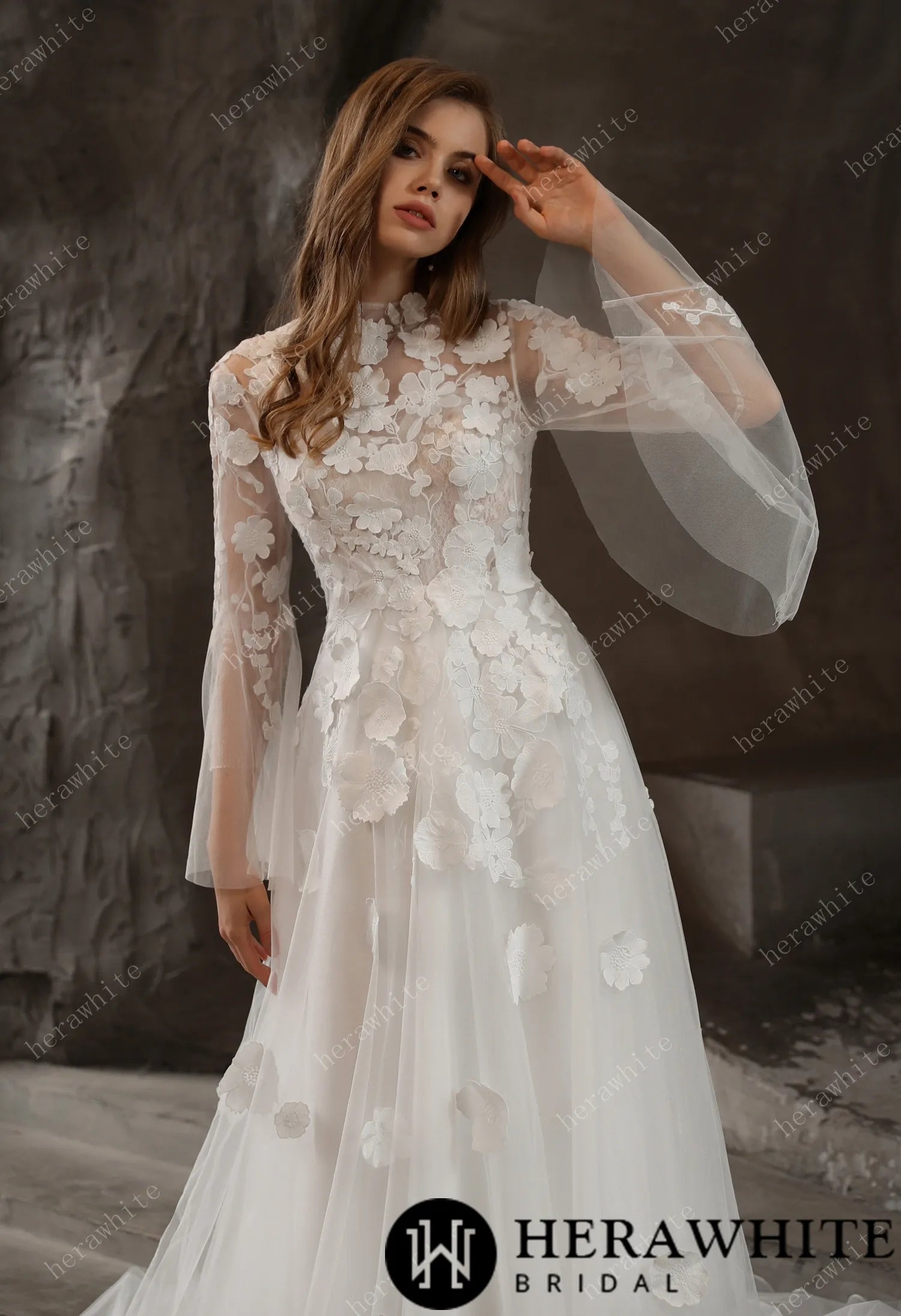 Illusion High Neck Bridal Gown with Lovely 3D Floral Lace