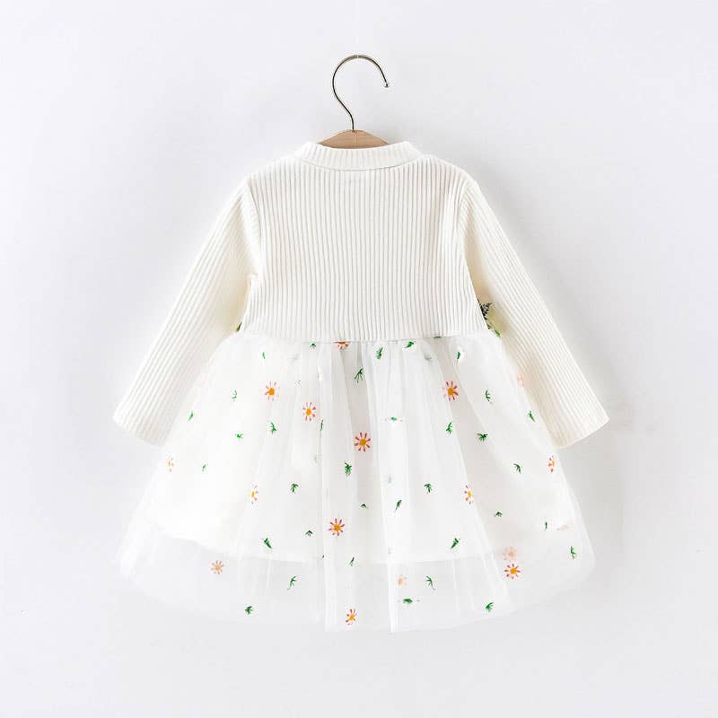 Baby Ribbed Long-sleeve Splicing Floral Embroider Dress