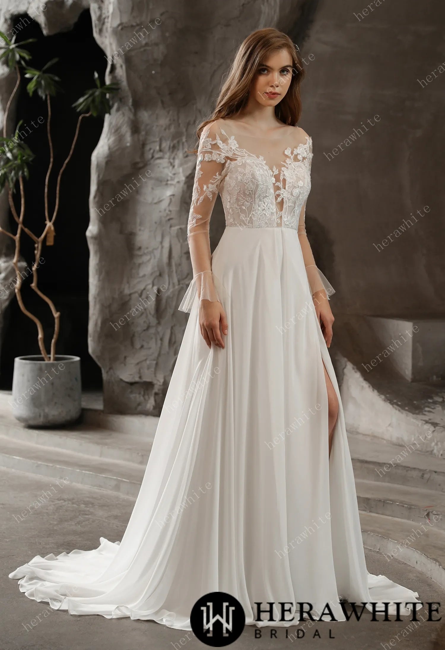Chiffon Illusion Lace Bridal Dress with Dreamy A-line Skirt