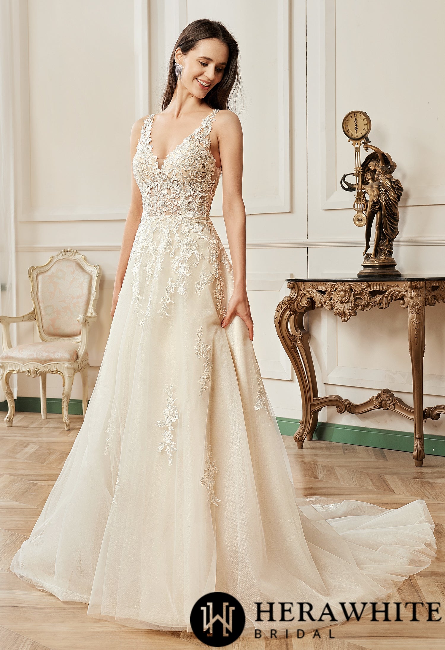 Illusion V-neckline A-Line Lace Straps Bridal Gown