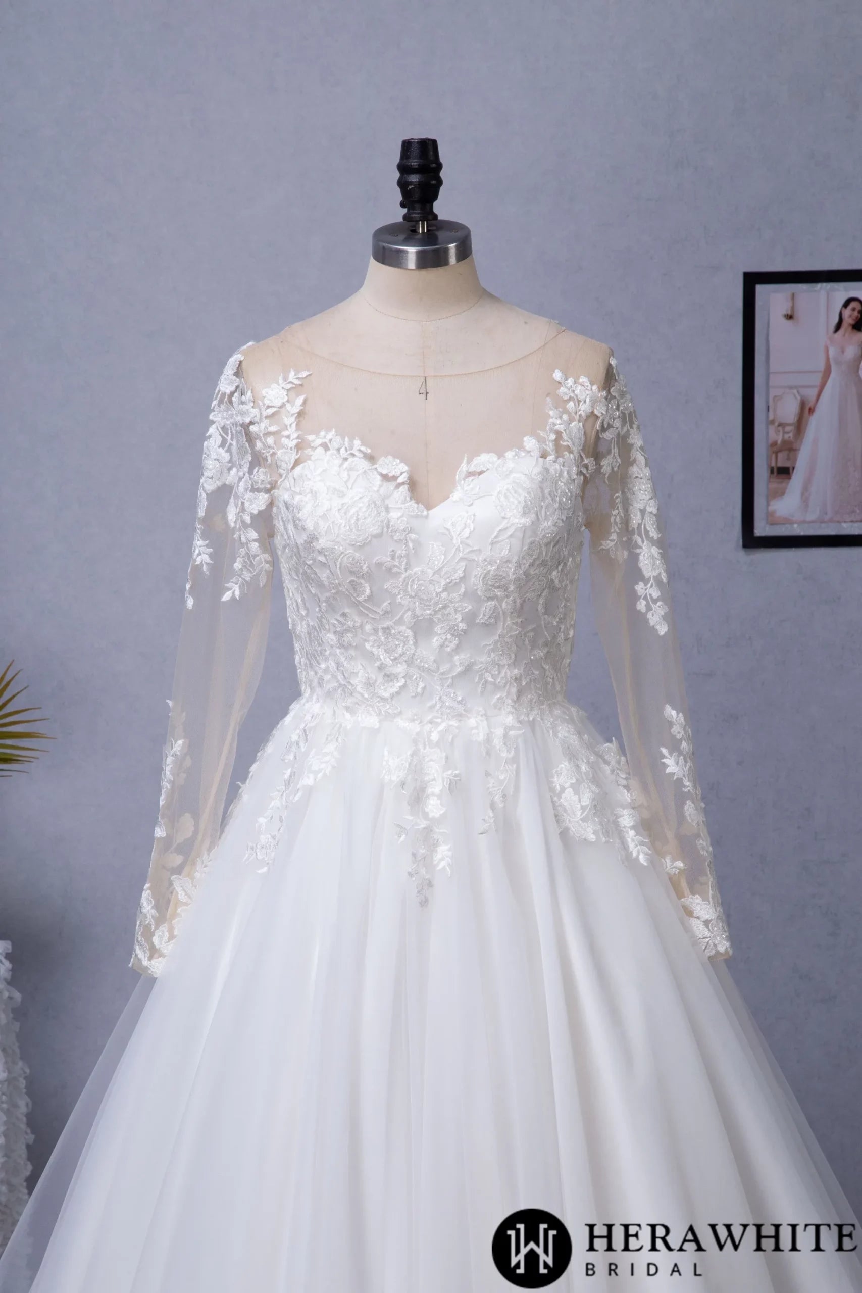 Illusion Long Sleeve Chapel Train Lace Wedding Dress