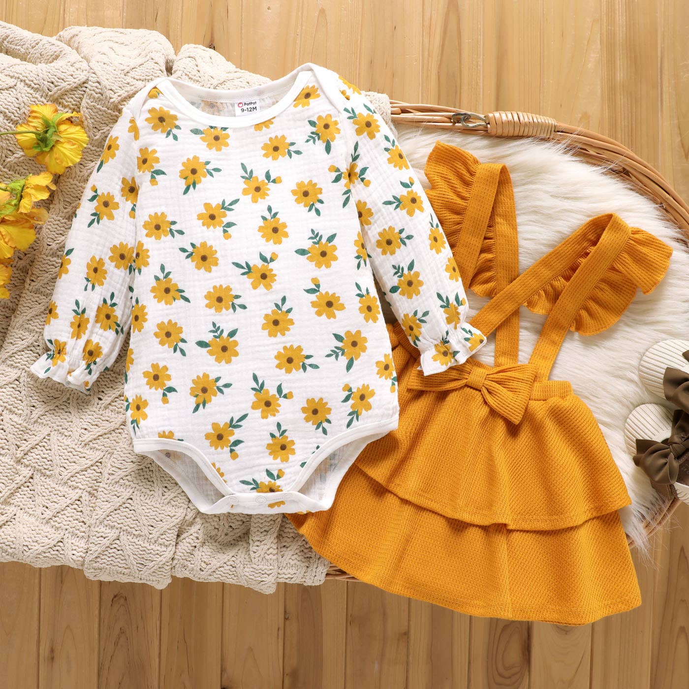 2PCS Baby Sweet Floral Plants Jumpsuit & Ruffle Dress Set
