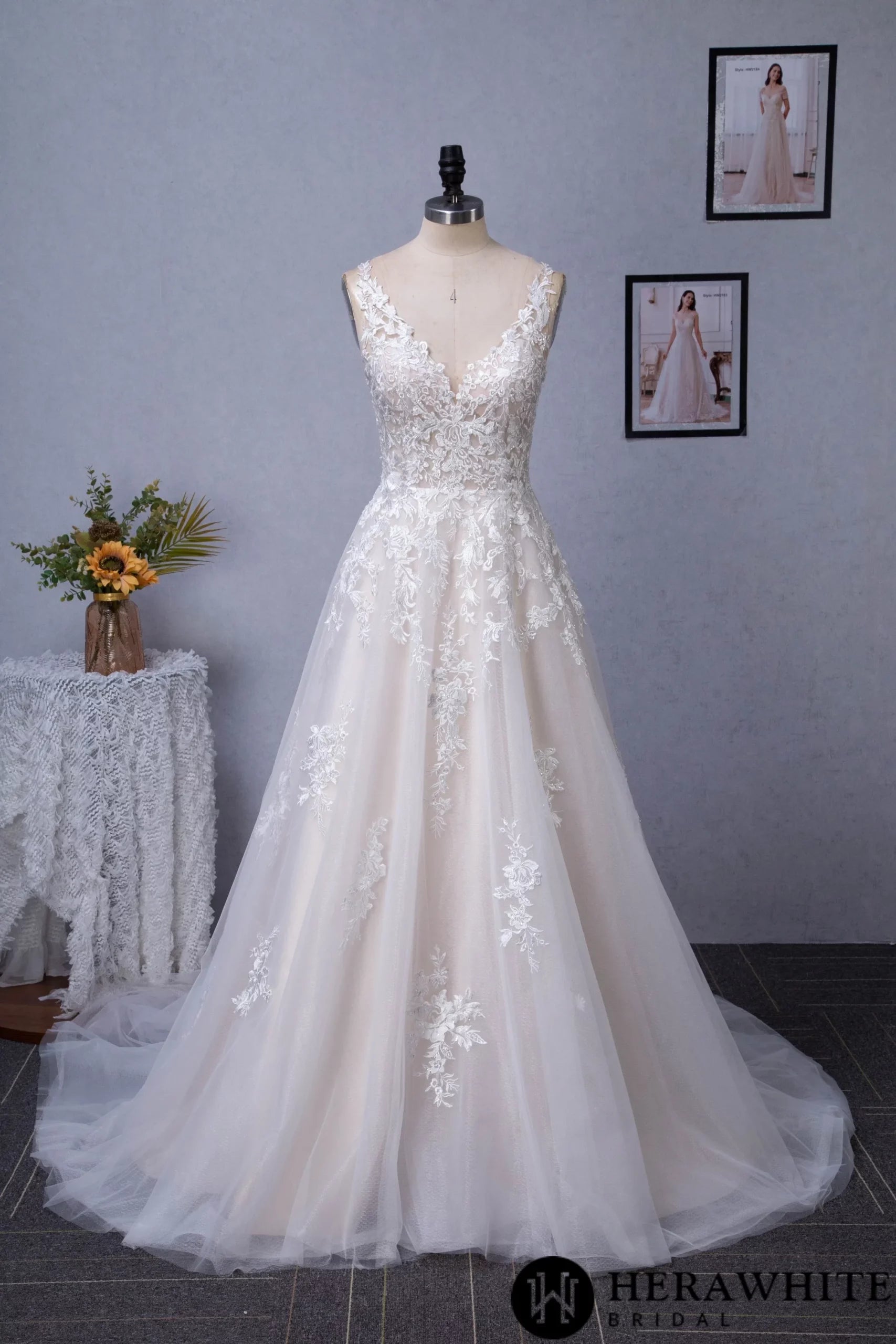 Illusion V-neckline A-Line Lace Straps Bridal Gown