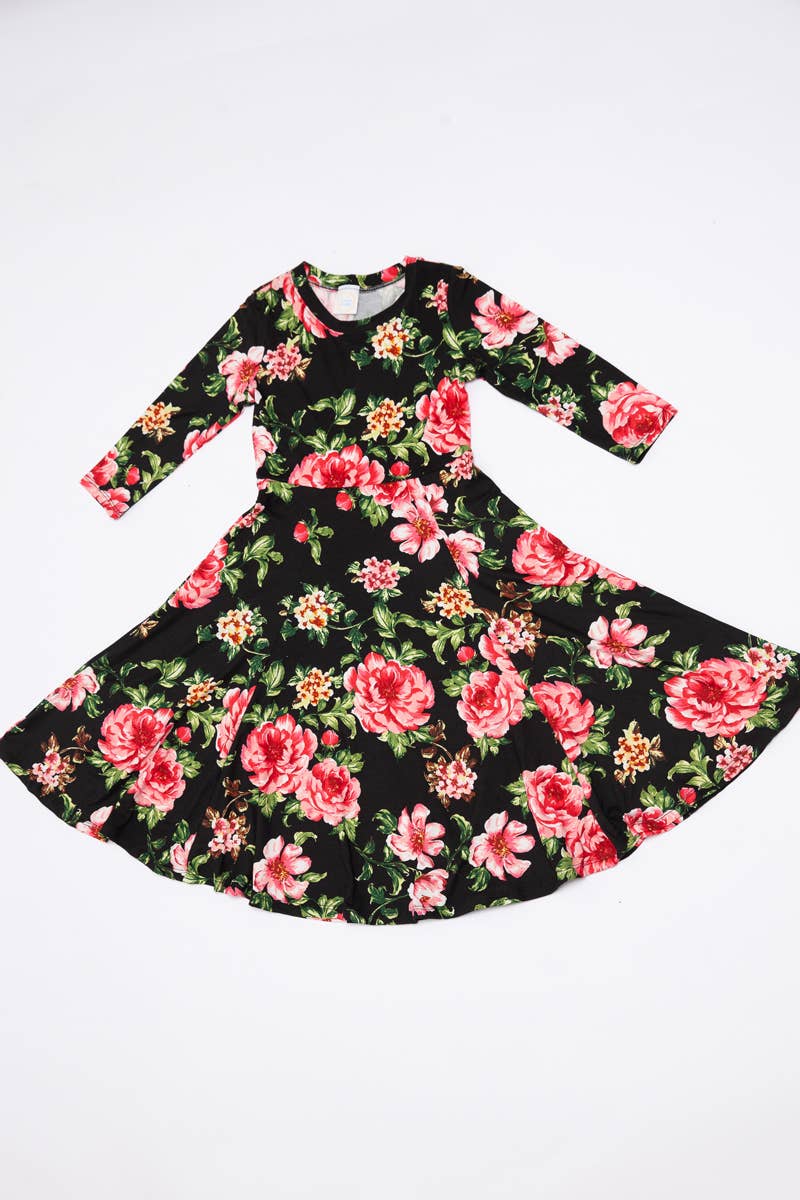 Girl's Princess Seam A-Line Dress with Full Skirt: MUSTARD FLORAL / S (5/6Y)