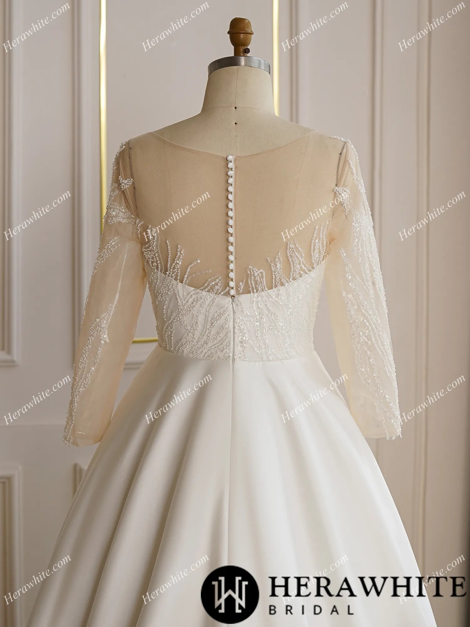 Beaded Sheer Long Sleeve Satin Wedding Dress