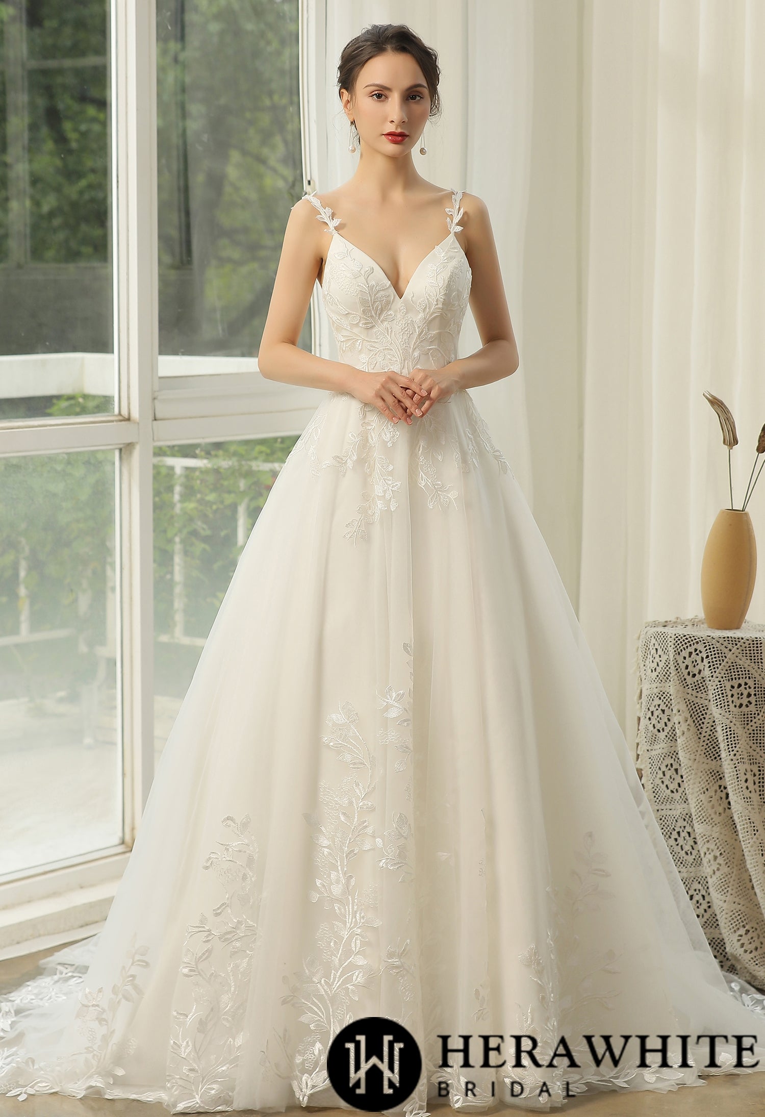 Appliquéd Straps Keyhole Back Bridal Gown