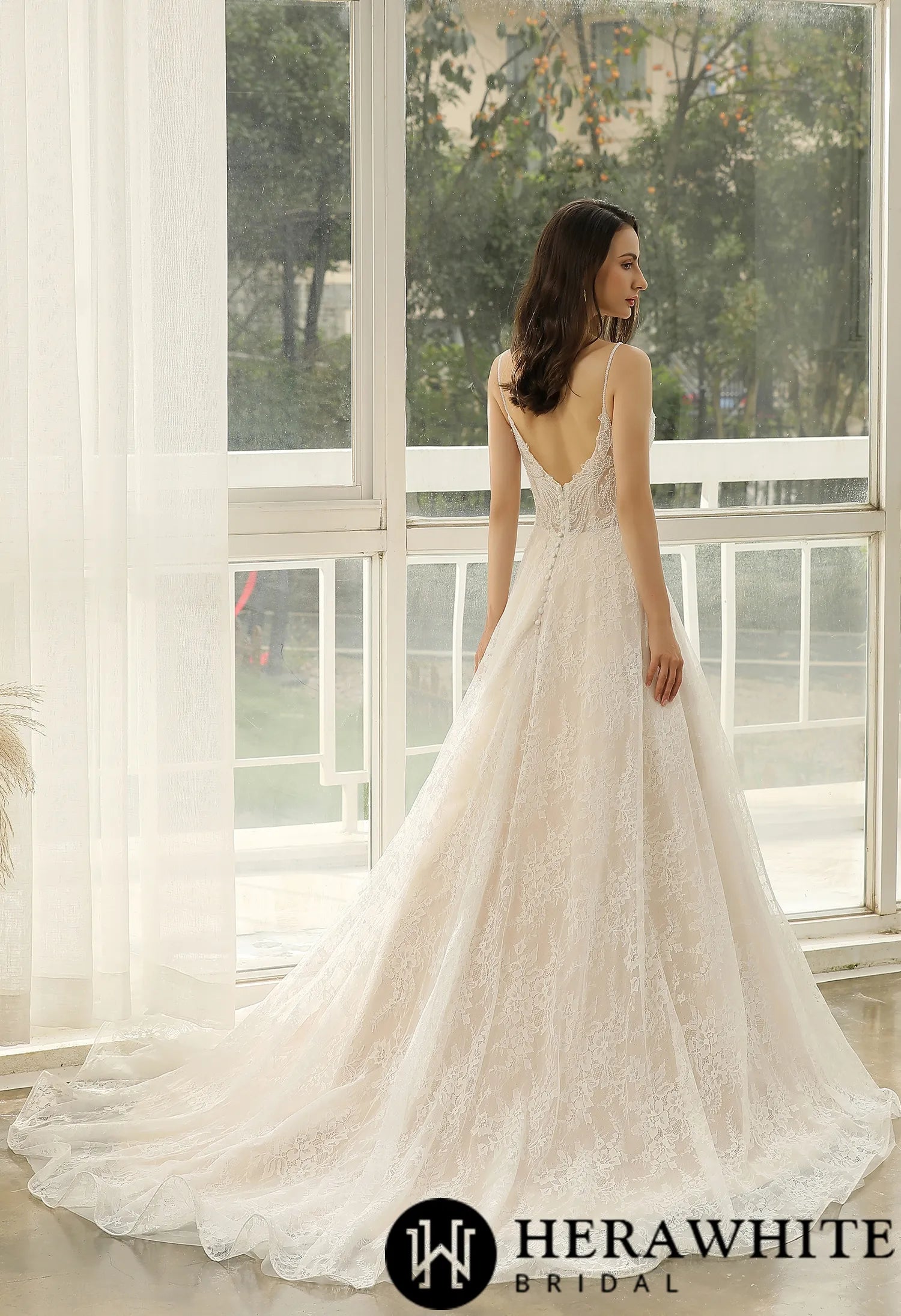 Beaded Lace A-line Wedding Dress With Spaghetti Straps