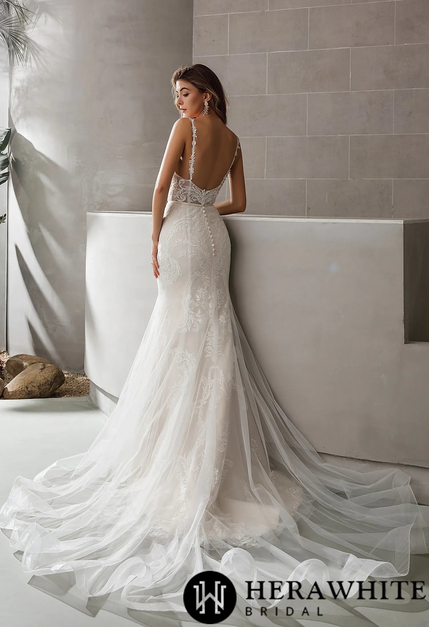 Geometric Lace Fit and Flare Bridal Gown With Sheer Train