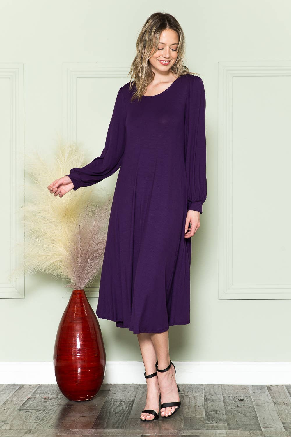 Bishop Sleeve Midi Dress: EGGPLANT / L