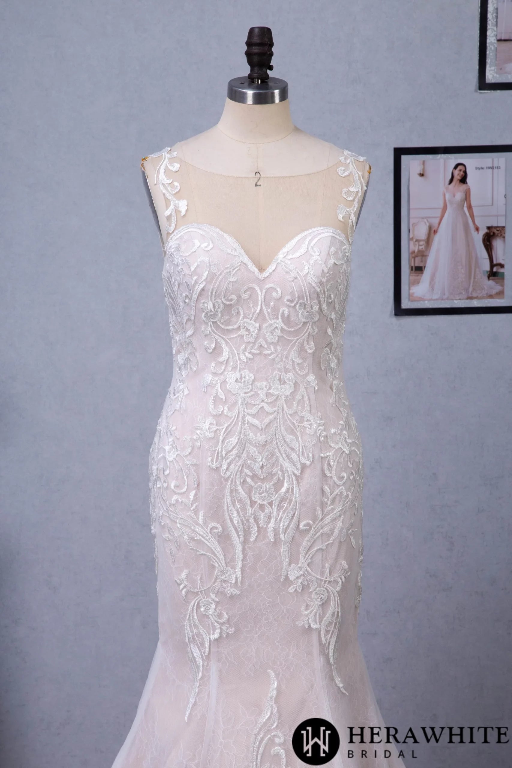 Blush Illusion Neckline Lace Appliques Mermaid Wedding Dress