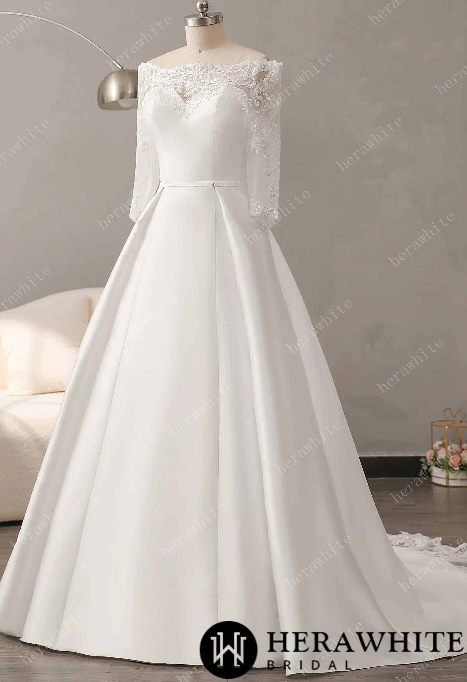 Off-the-shoulder Neckline Wedding Dress with Lace Back