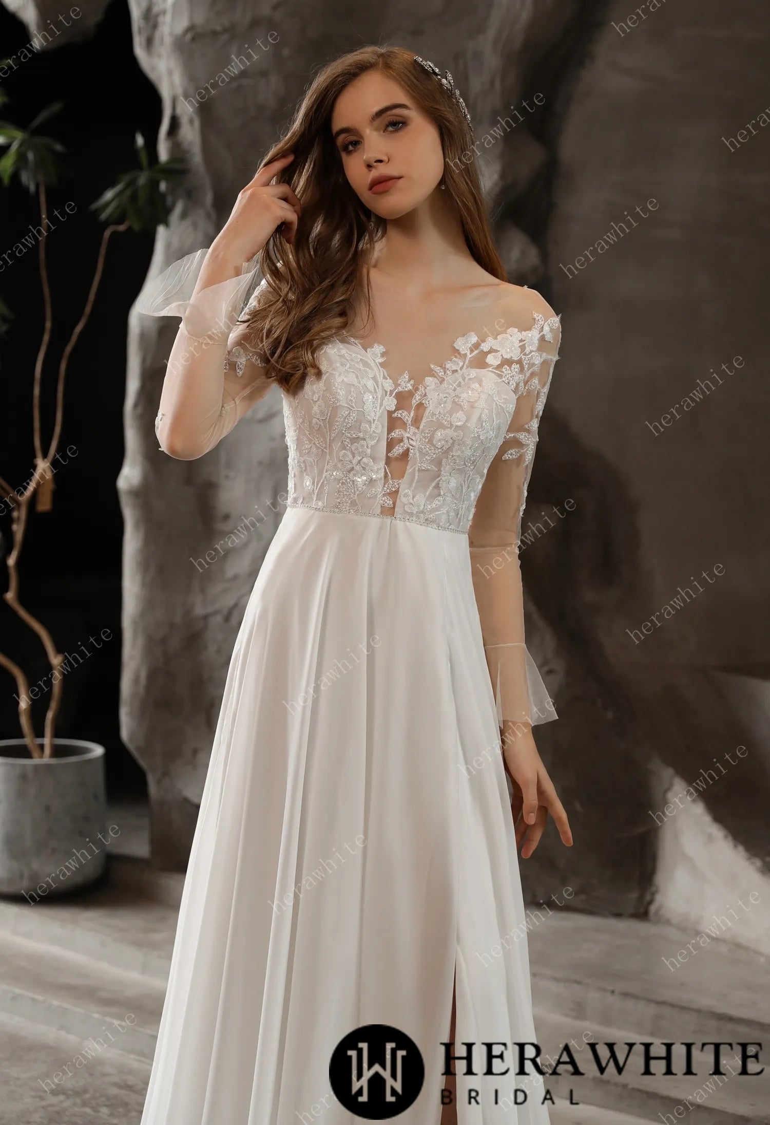 Chiffon Illusion Lace Bridal Dress with Dreamy A-line Skirt