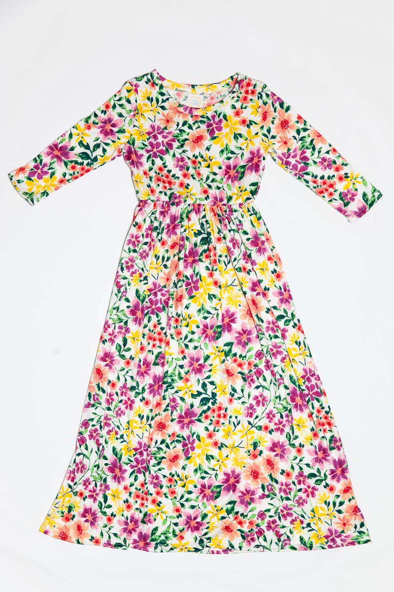 Girls Fit and Flare Floral Maxi Dress: FLORAL NAVY / L