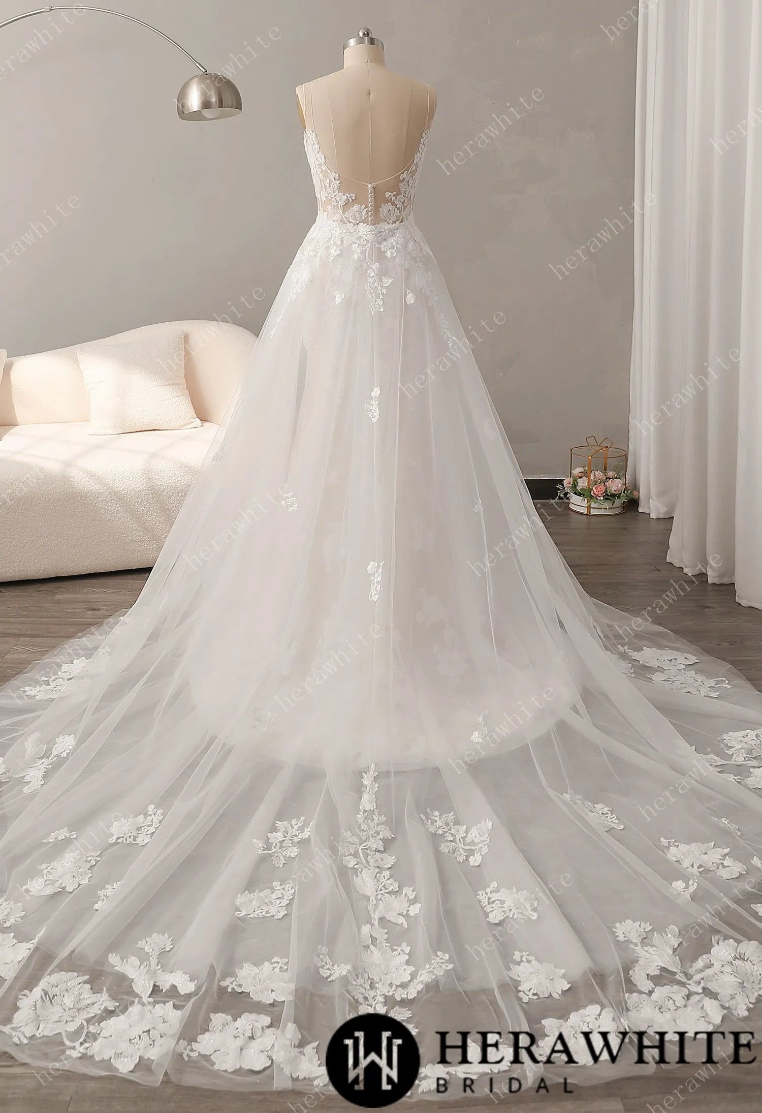 Glitter Tulle A-Line Wedding Dress with Detachable Train