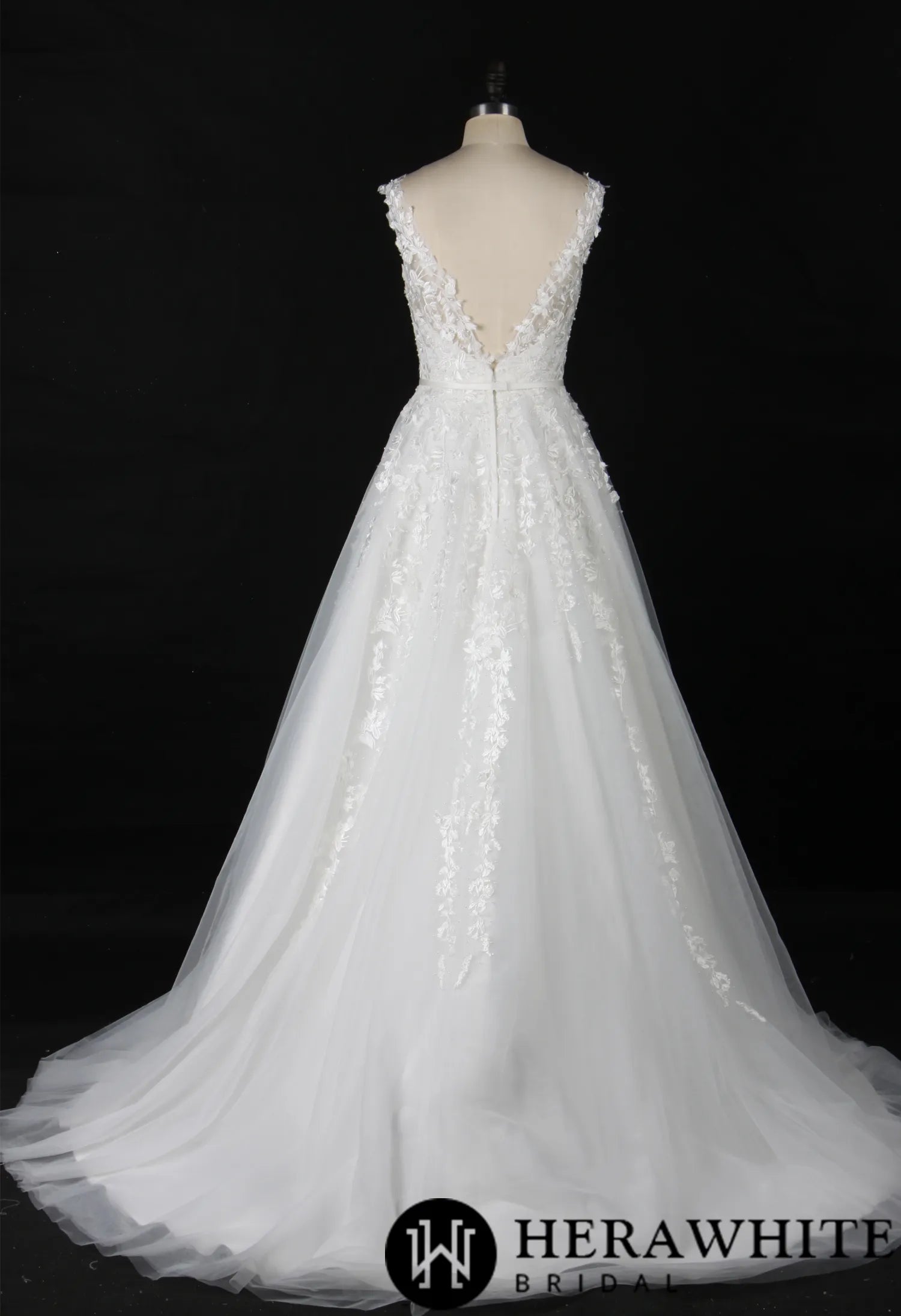 Plunging V-Neck Beaded Lace Wedding Dress