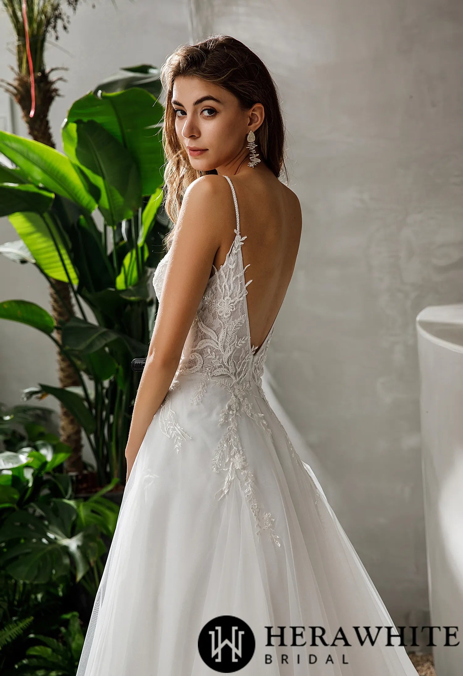 Beaded Straps V-neck Lace A-line Long Wedding Dress
