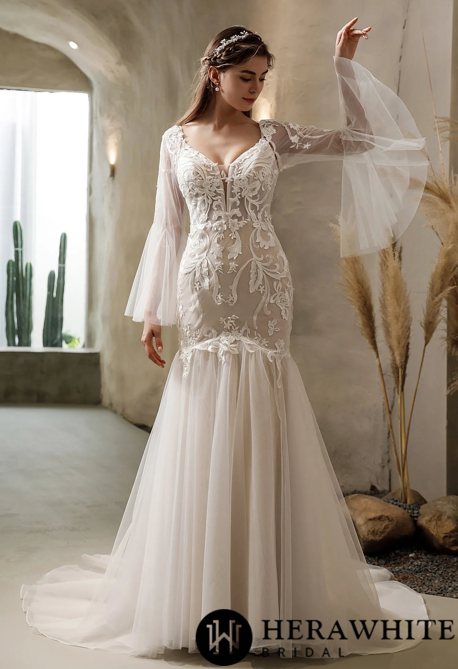 Elegant Mermaid Gown With Detachable Bell Sleeves