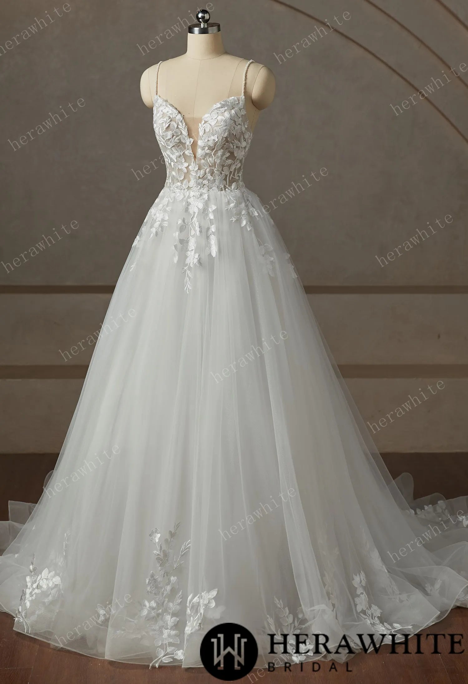 Beaded Strap Lace Tulle Wedding Dress