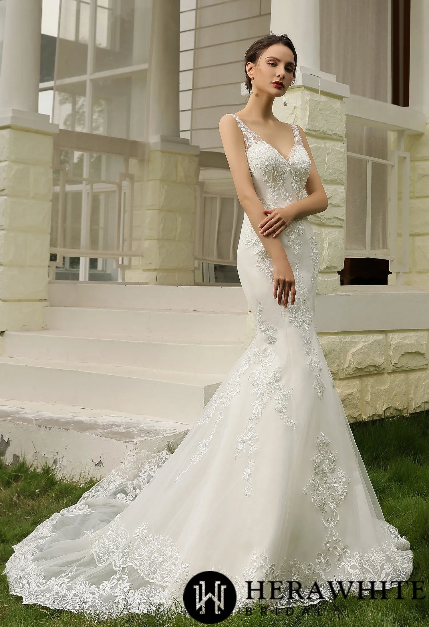 Double Train Fitted Sheath Wedding Gown
