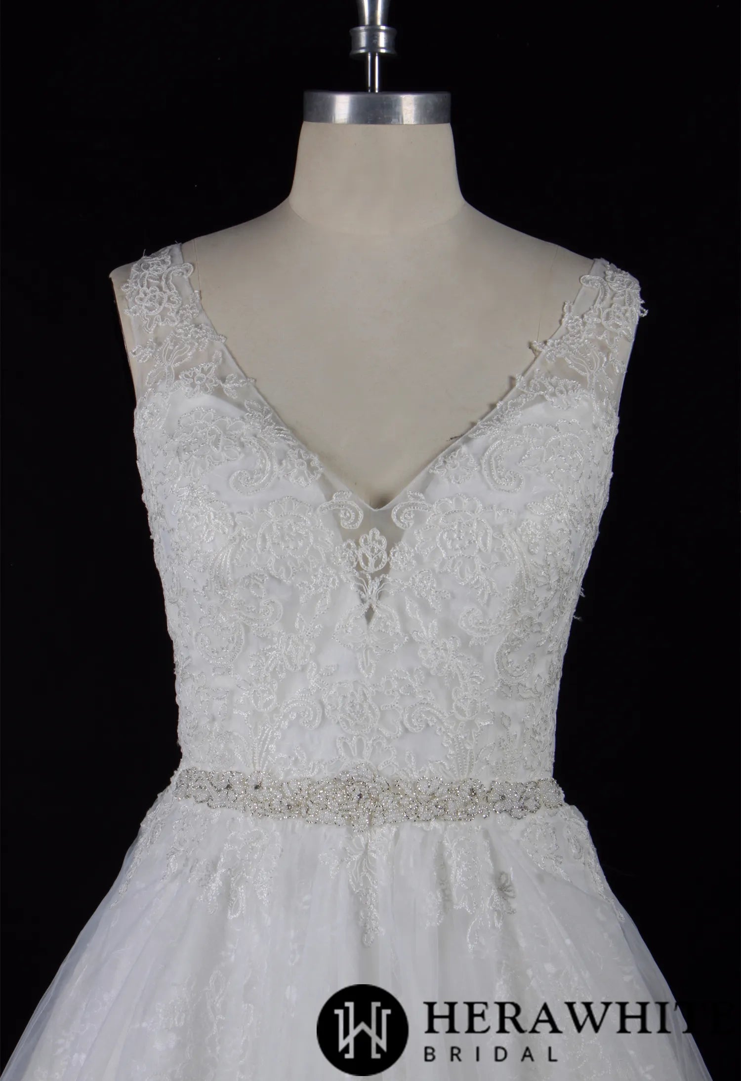 Illusion V Neckline Lace Bridal Gown With Beading Belt