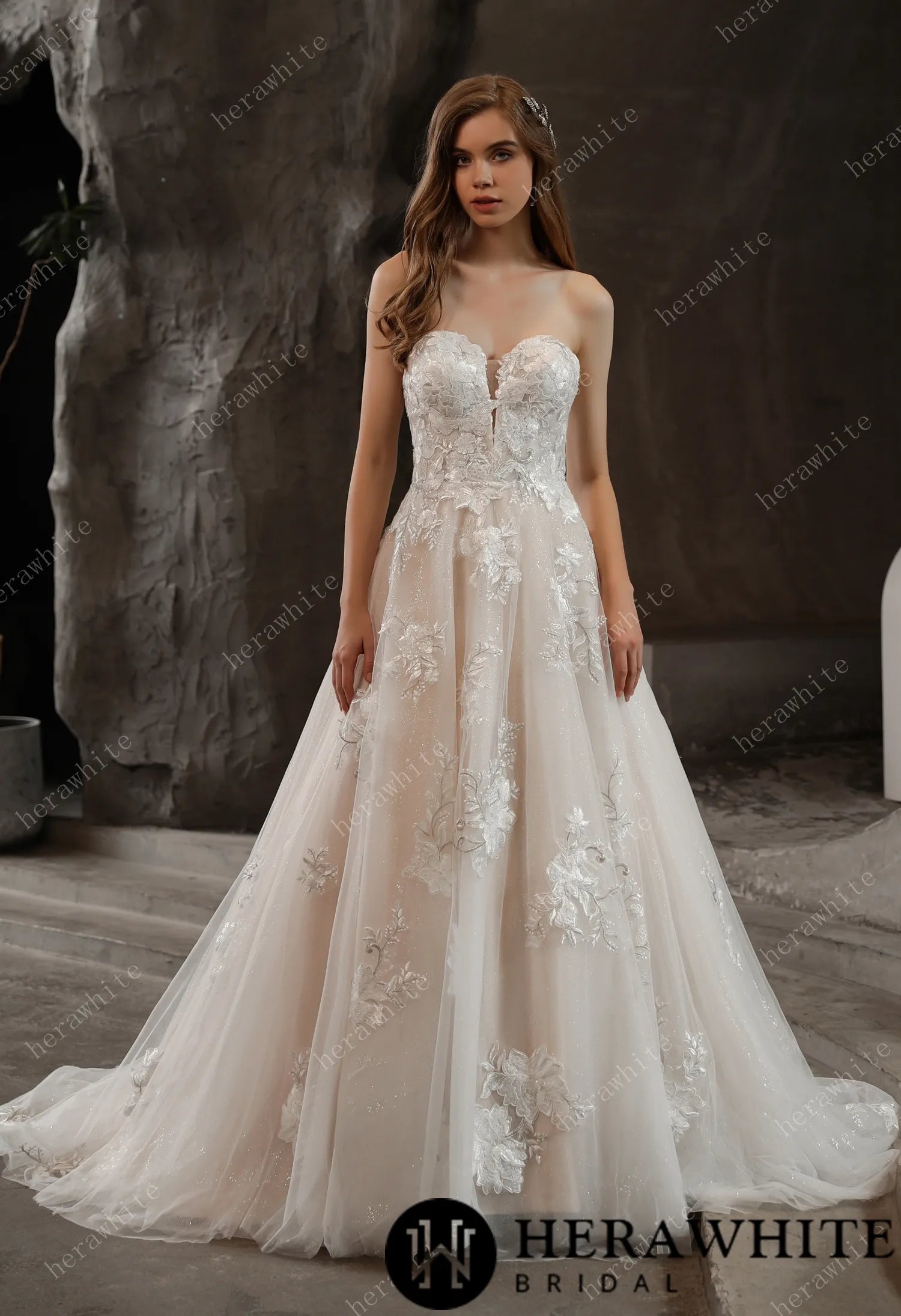 Off-the-Shoulder Romantic Wedding Ball Gown with Glamorous Floral Motifs